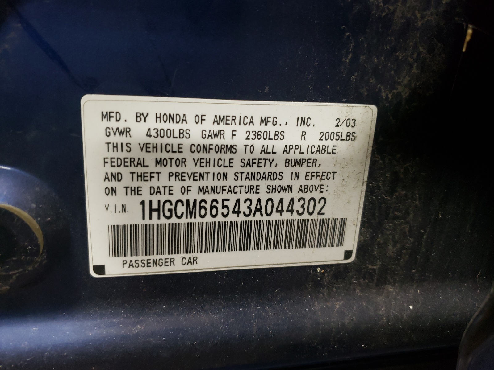 Zdjęcie 10 z aukcji – 2003 HONDA ACCORD EX z VIN 1HGCM66543A044302