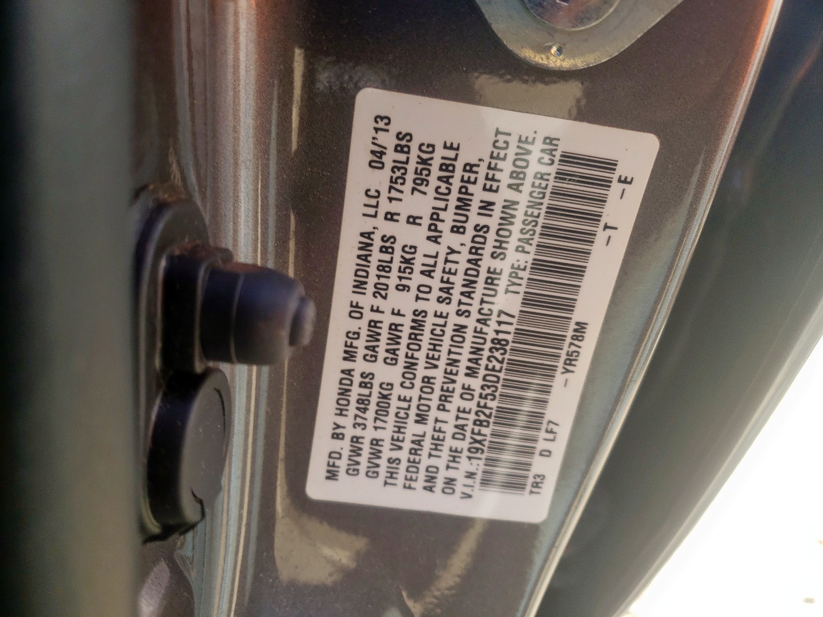 Photo 10 from auction – 2013 HONDA CIVIC LX with VIN 19XFB2F53DE238117