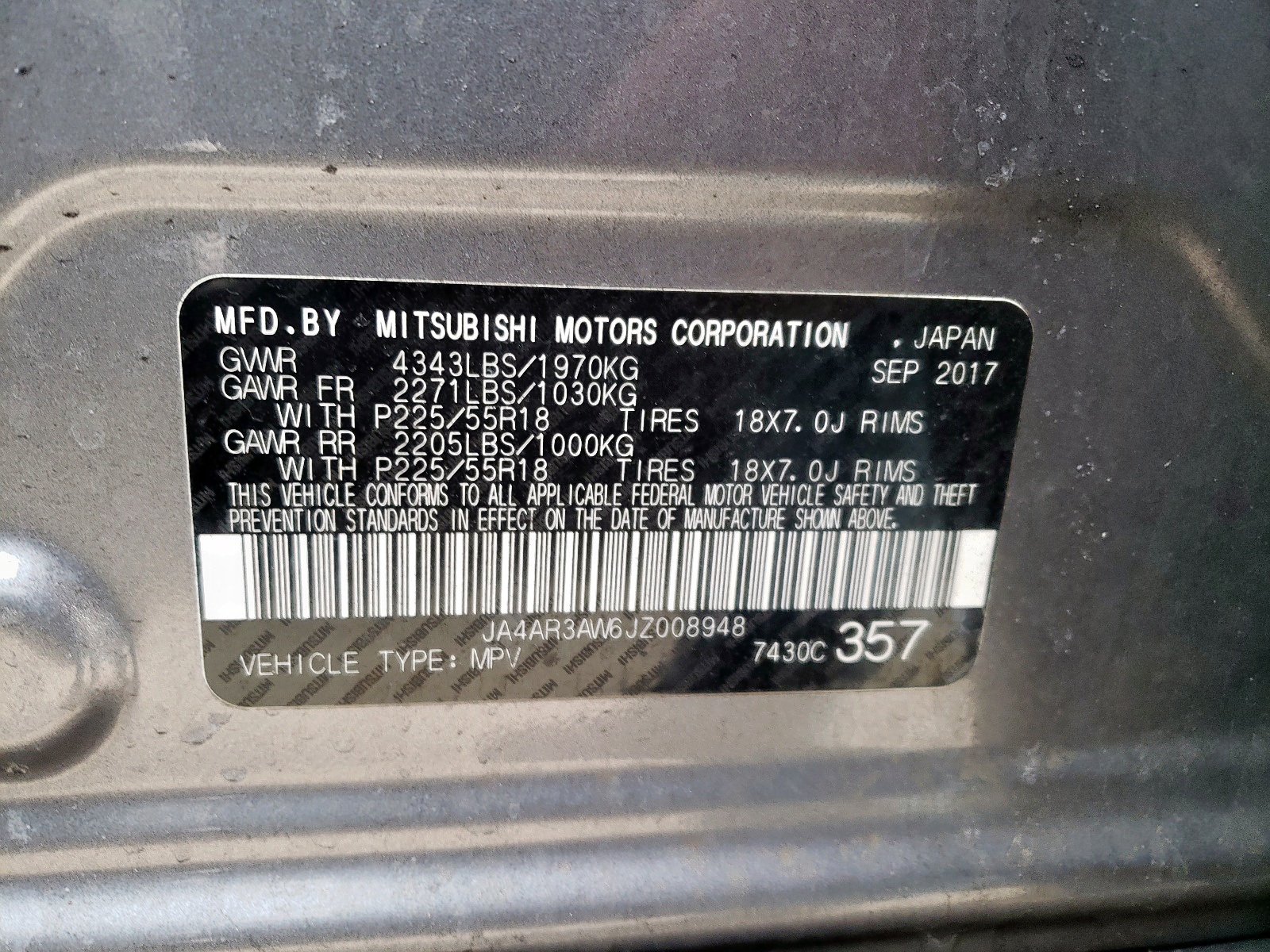 Photo 10 from auction – 2018 MITSUBISHI OUTLANDER with VIN JA4AR3AW6JZ008948