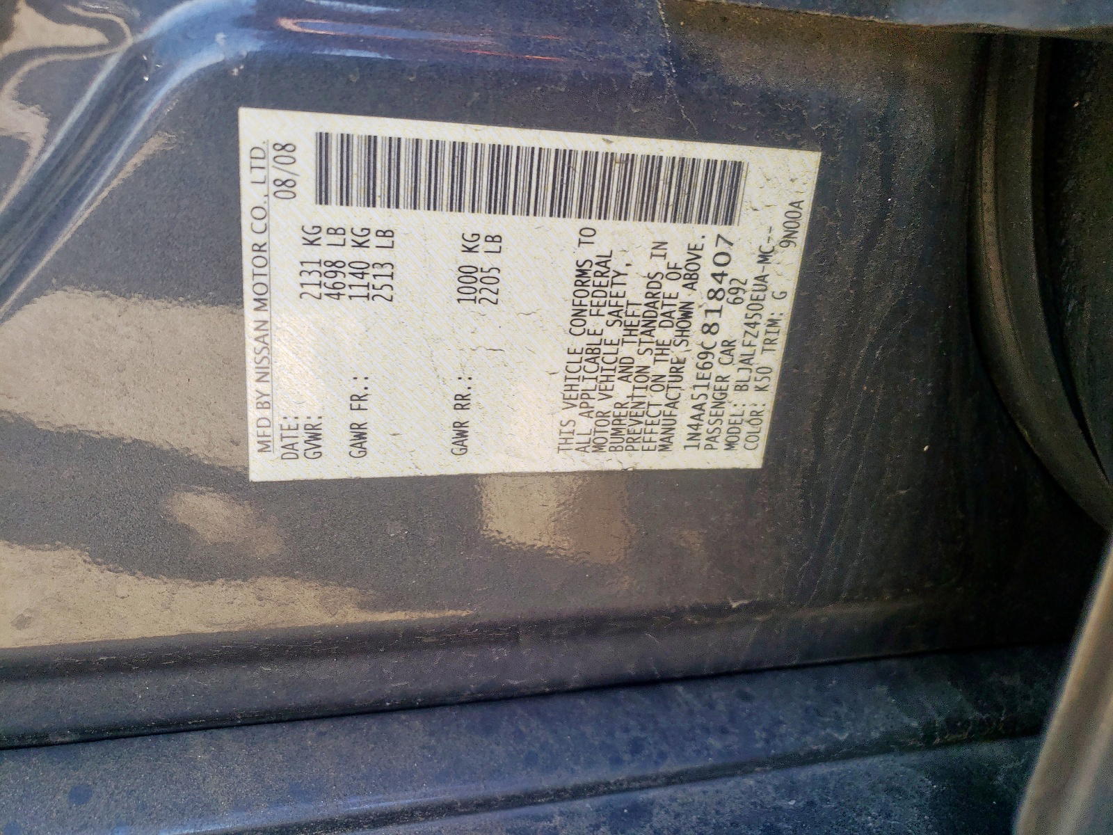 Photo 10 from auction – 2009 NISSAN MAXIMA S with VIN 1N4AA51E69C818407