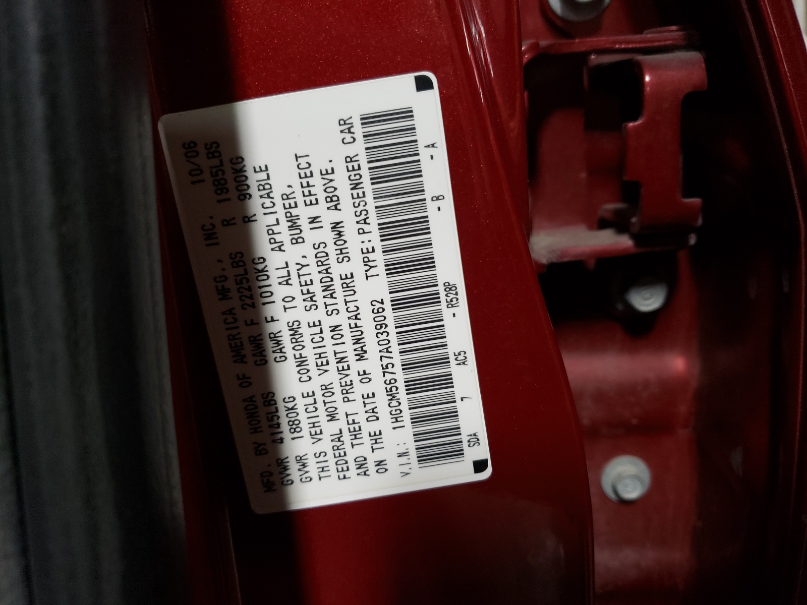 Photo 10 from auction – 2007 HONDA ACCORD EX with VIN 1HGCM56757A039062