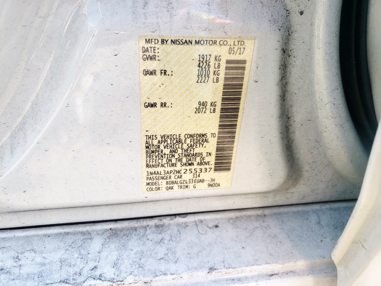 Photo 10 from auction – 2017 NISSAN ALTIMA 2.5 with VIN 1N4AL3AP2HC255337