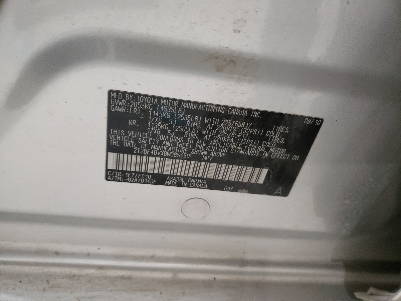Zdjęcie 10 z aukcji – 2011 TOYOTA RAV4 z VIN 2T3BF4DVXBW085450
