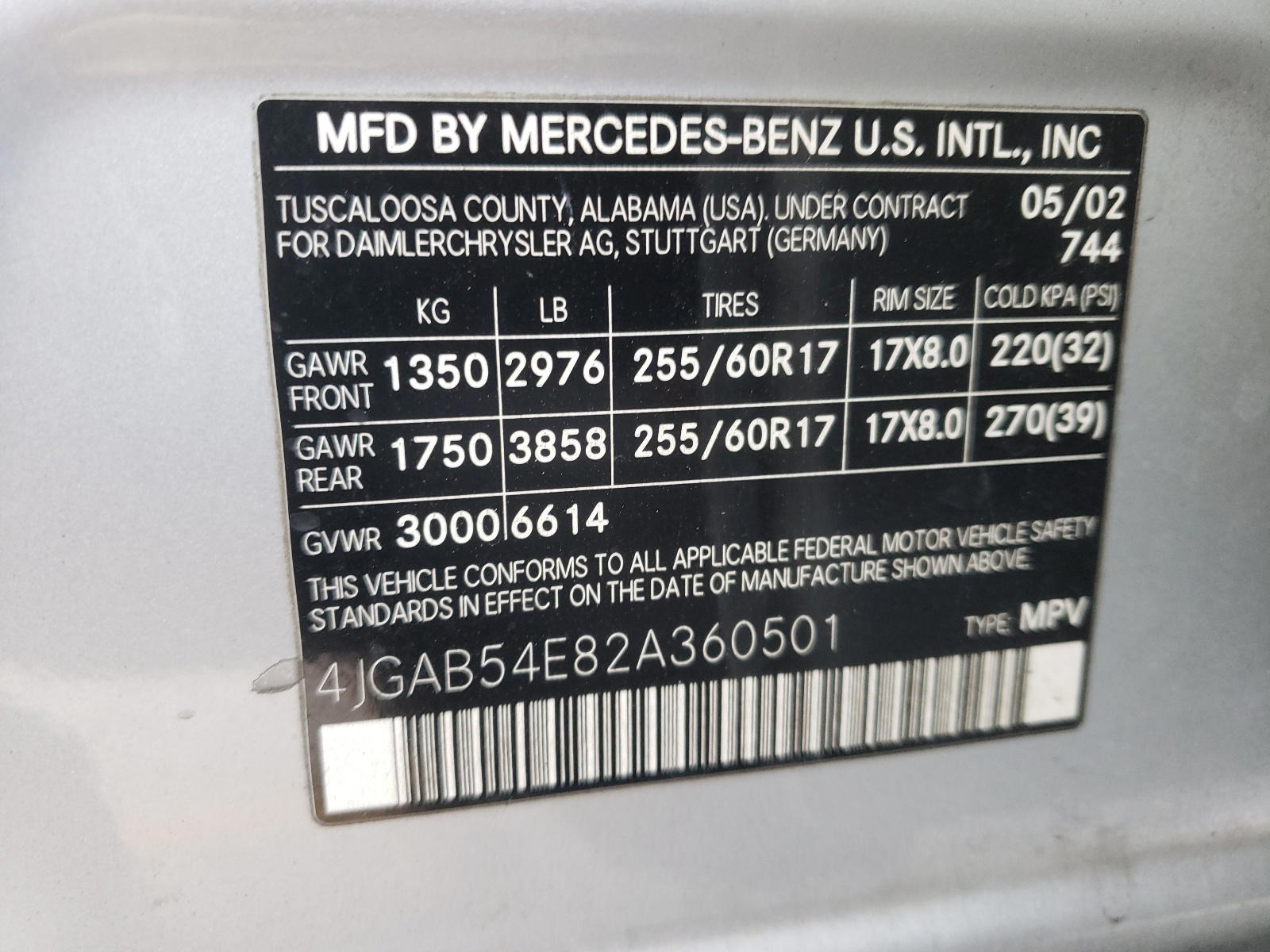 Photo 10 from auction – 2002 MERCEDES-BENZ ML-CLASS with VIN 4JGAB54E82A360501