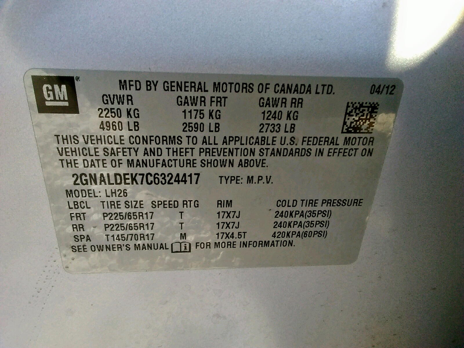 Photo 10 from auction – 2012 CHEVROLET EQUINOX LT with VIN 2GNALDEK7C6324417
