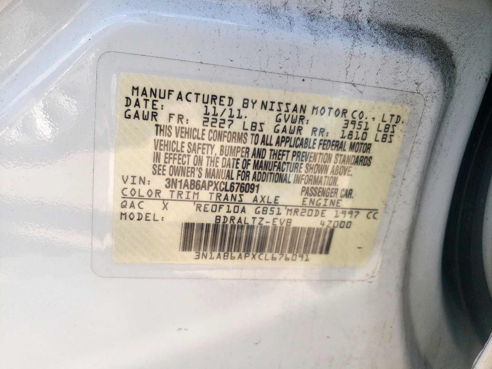Photo 10 from auction – 2012 NISSAN SENTRA 2.0 with VIN 3N1AB6APXCL676091