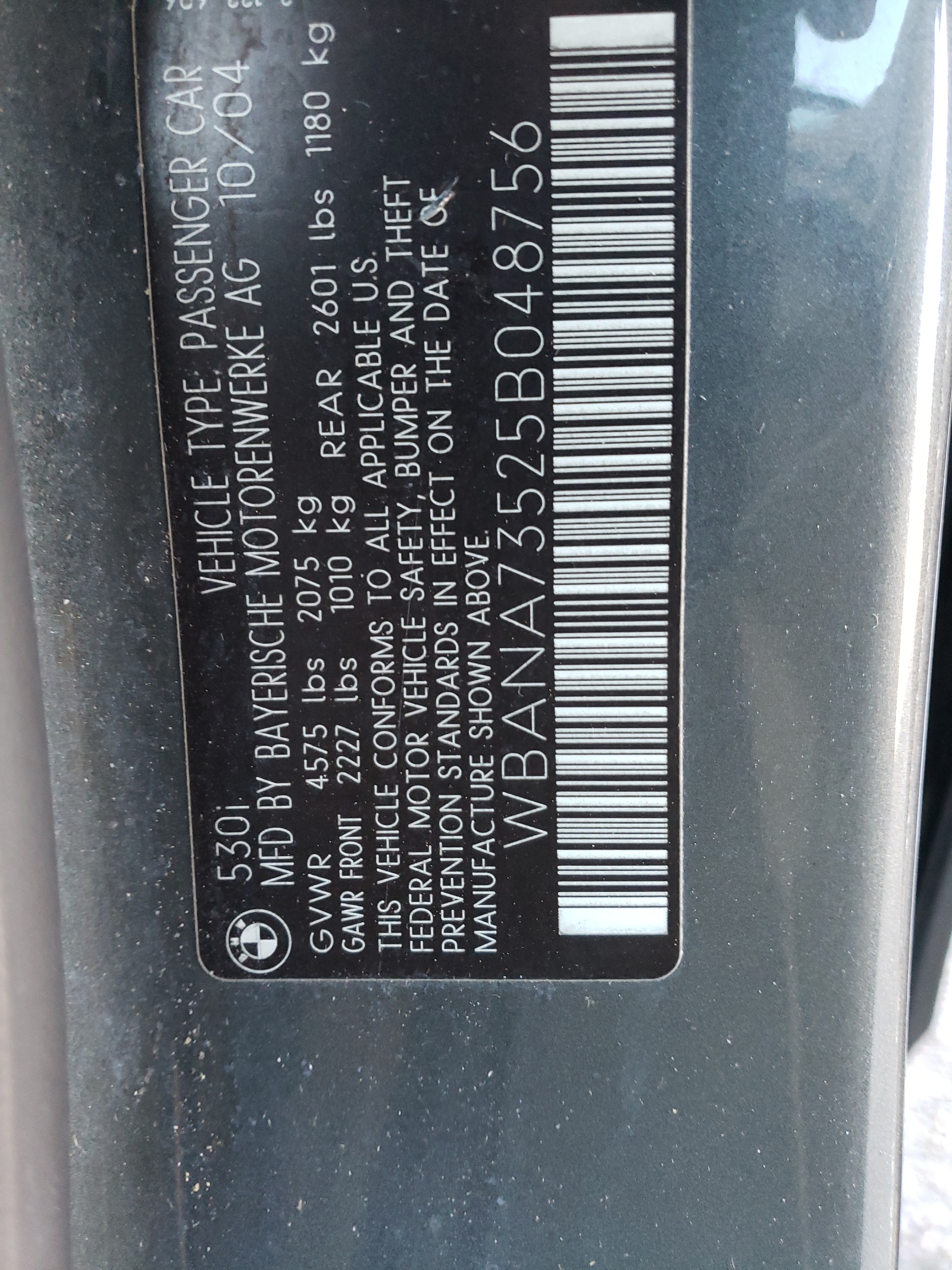 Photo 10 from auction – 2005 BMW 530 I with VIN WBANA73525B048756