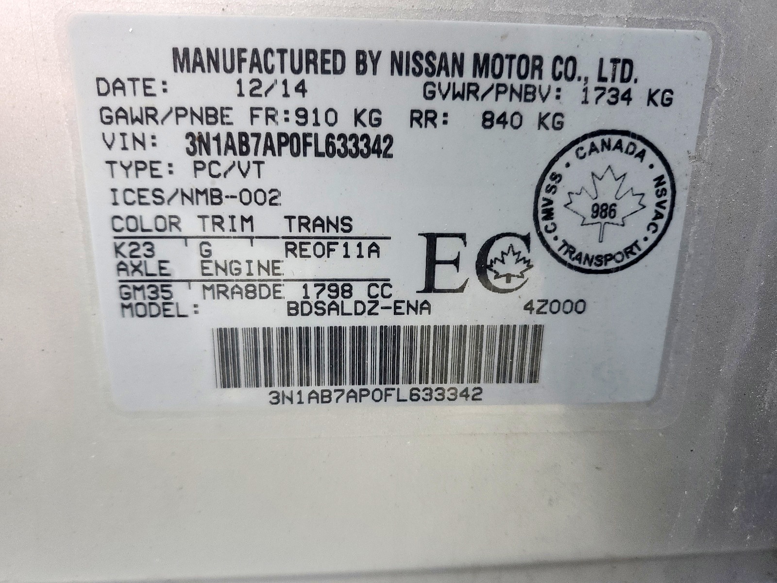 Photo 10 from auction – 2015 NISSAN SENTRA S with VIN 3N1AB7AP0FL633342