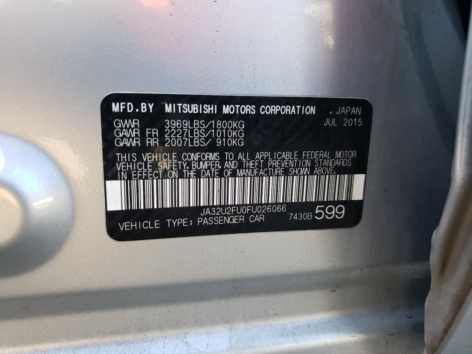 Photo 10 from auction – 2015 MITSUBISHI LANCER ES with VIN JA32U2FU0FU026066