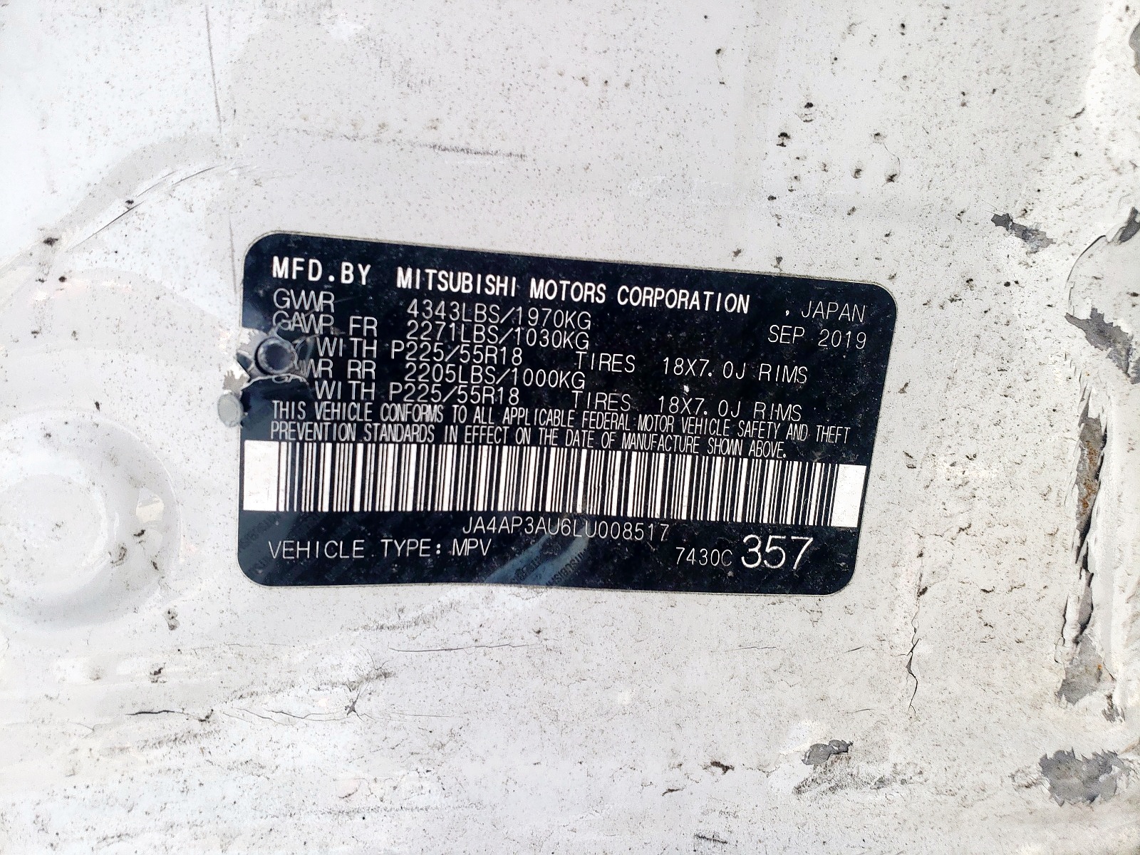 Photo 10 from auction – 2020 MITSUBISHI OUTLANDER with VIN JA4AP3AU6LU008517