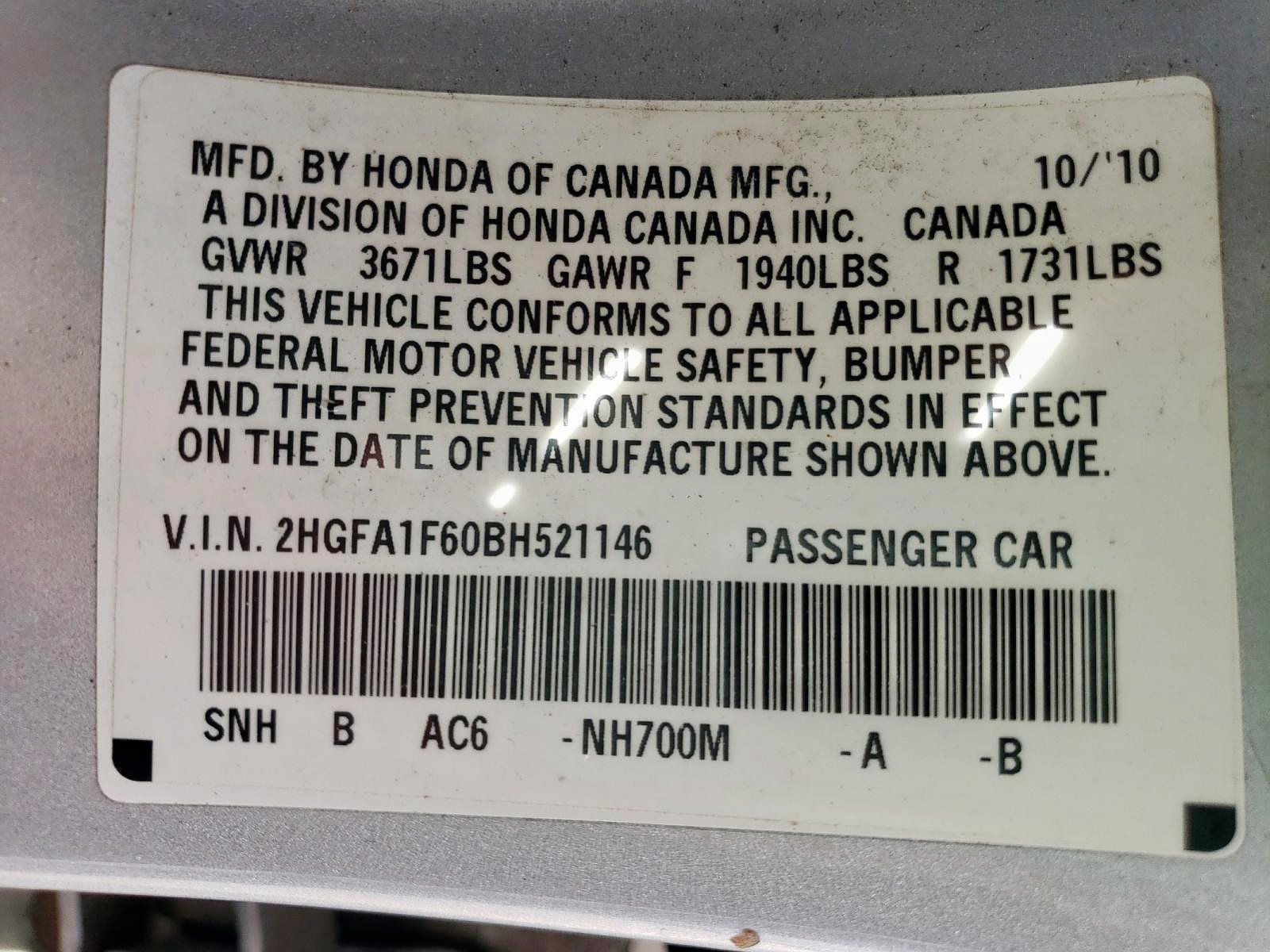 Photo 10 from auction – 2011 HONDA CIVIC LX-S with VIN 2HGFA1F60BH521146