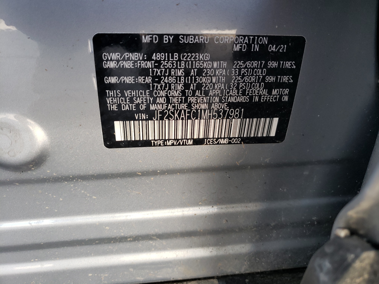 Photo 10 from auction – 2021 SUBARU FORESTER P with VIN JF2SKAFC1MH537981