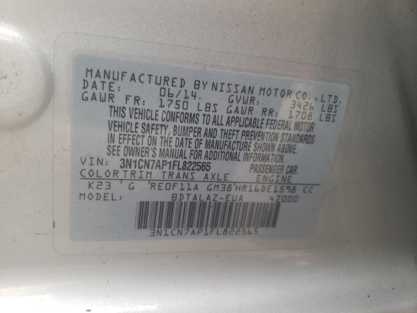 Фото 10 с аукциона – 2015 NISSAN VERSA S с VIN 3N1CN7AP1FL822565