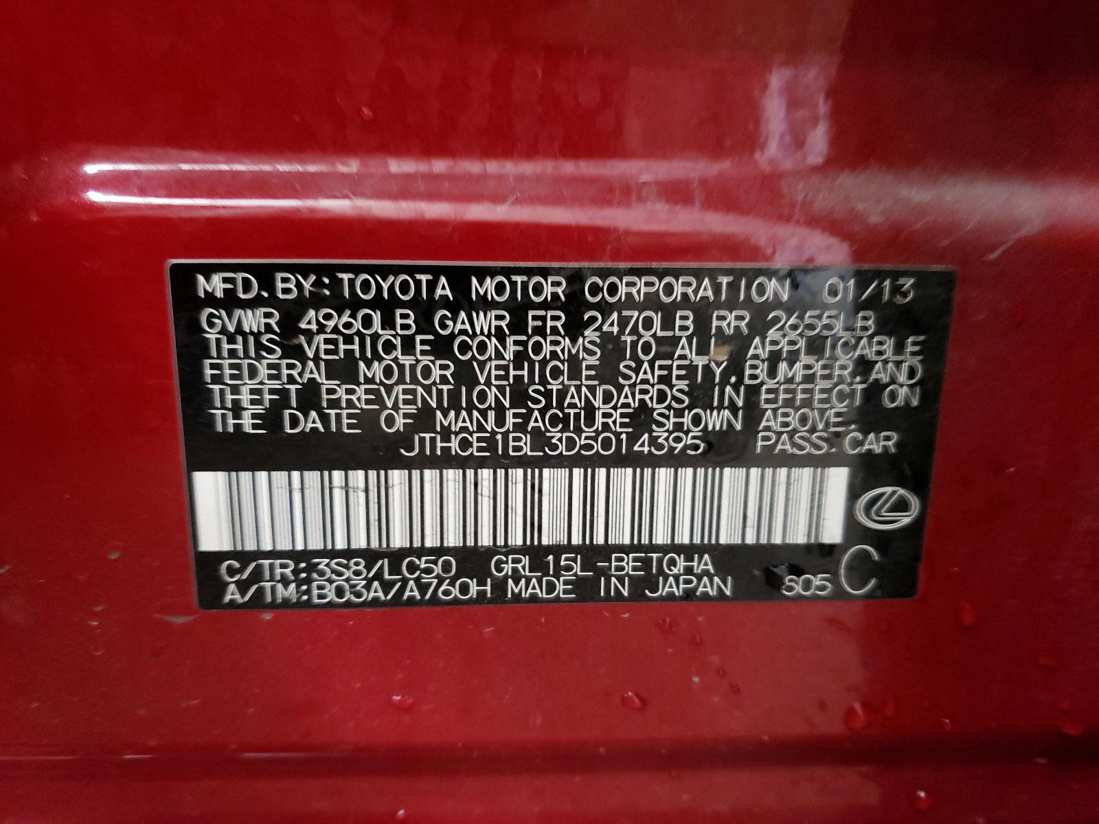 Photo 10 from auction – 2013 LEXUS GS 350 with VIN JTHCE1BL3D5014395