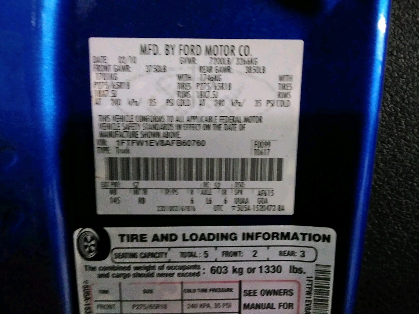 Photo 10 from auction – 2010 FORD F150 SUPER with VIN 1FTFW1EV8AFB60760