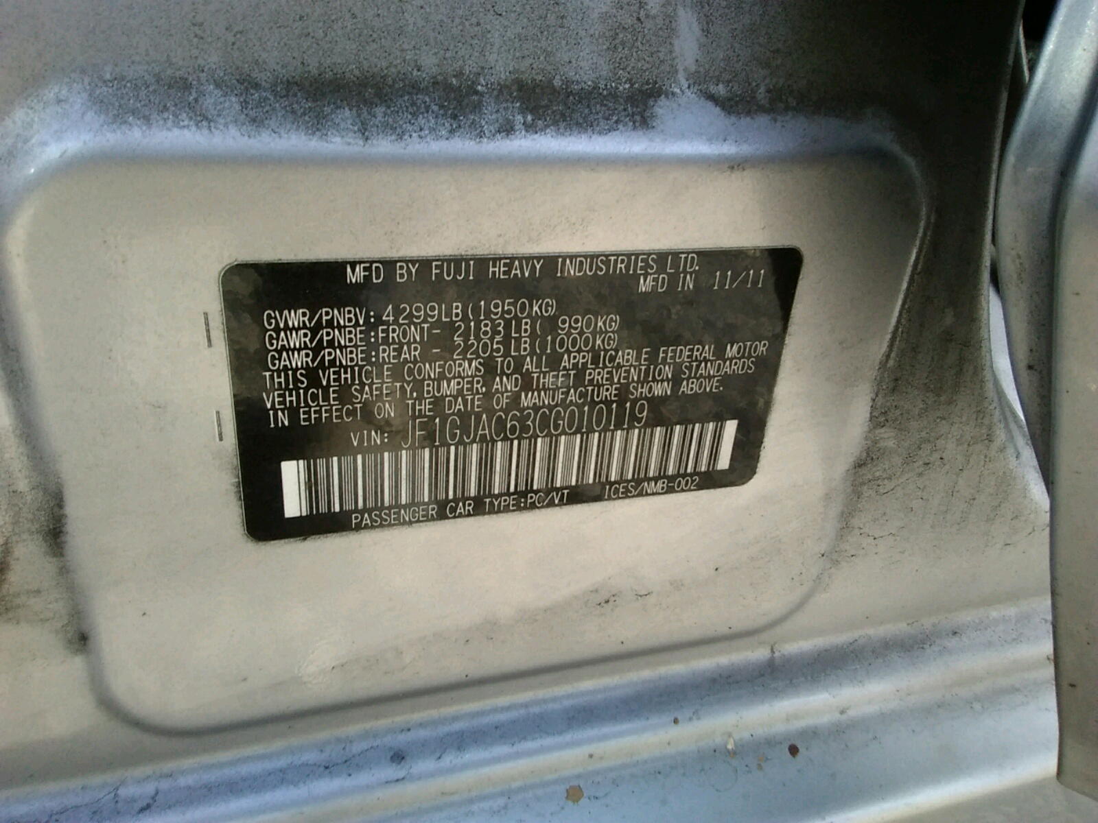 Photo 10 from auction – 2012 SUBARU IMPREZA PR with VIN JF1GJAC63CG010119