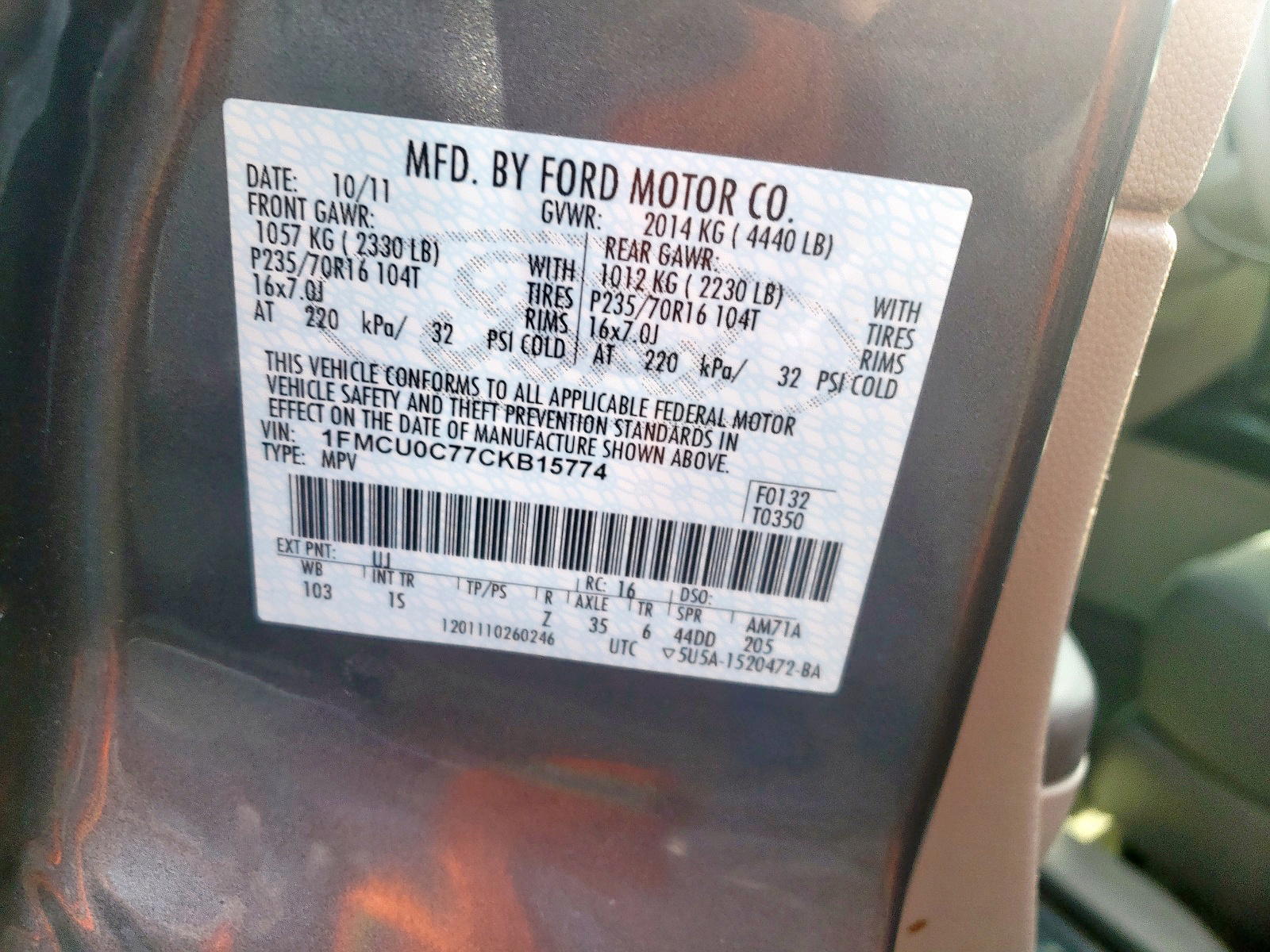 Photo 10 from auction – 2012 FORD ESCAPE XLS with VIN 1FMCU0C77CKB15774