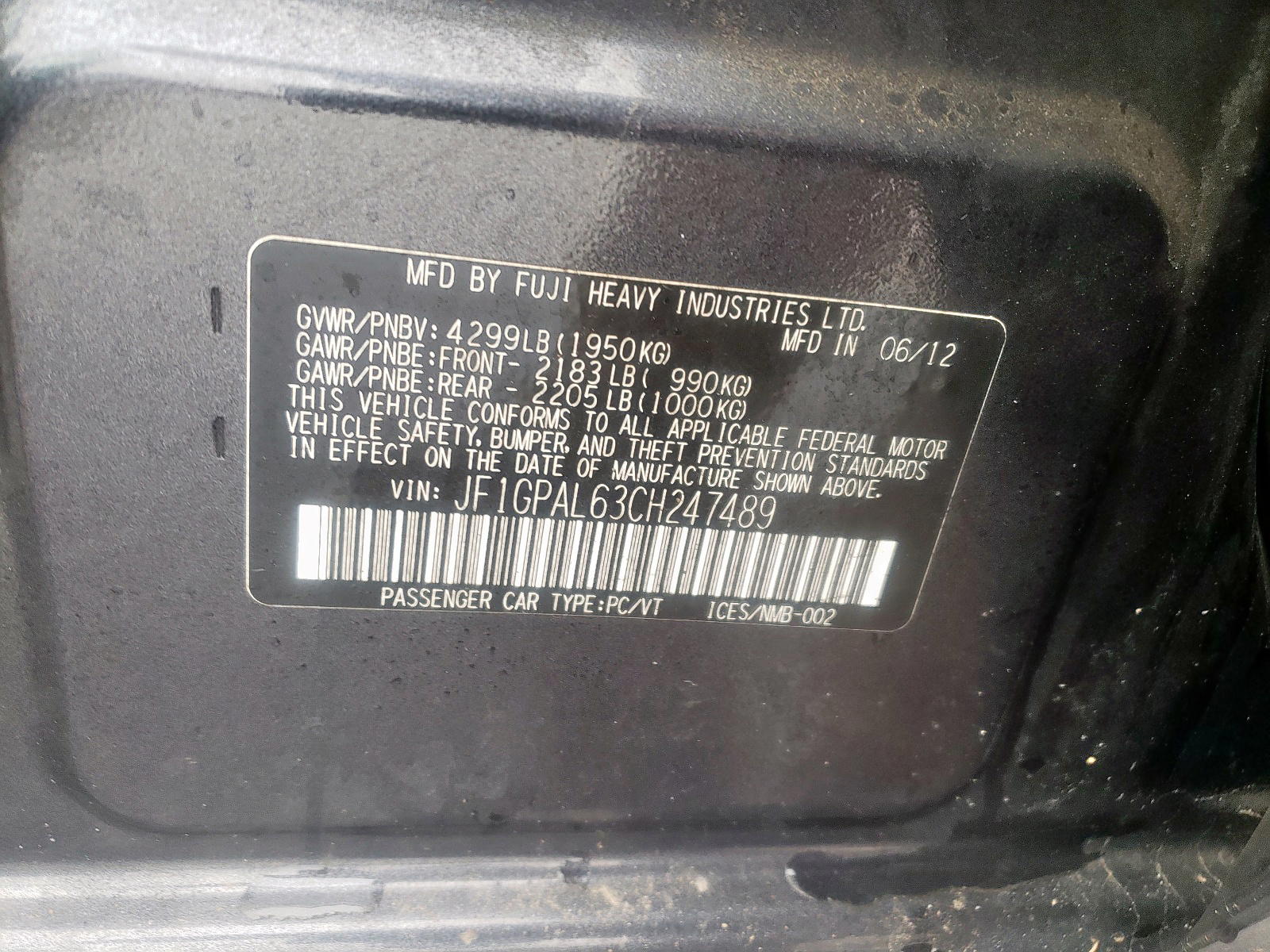 Photo 11 from auction – 2012 SUBARU IMPREZA SP with VIN JF1GPAL63CH247489