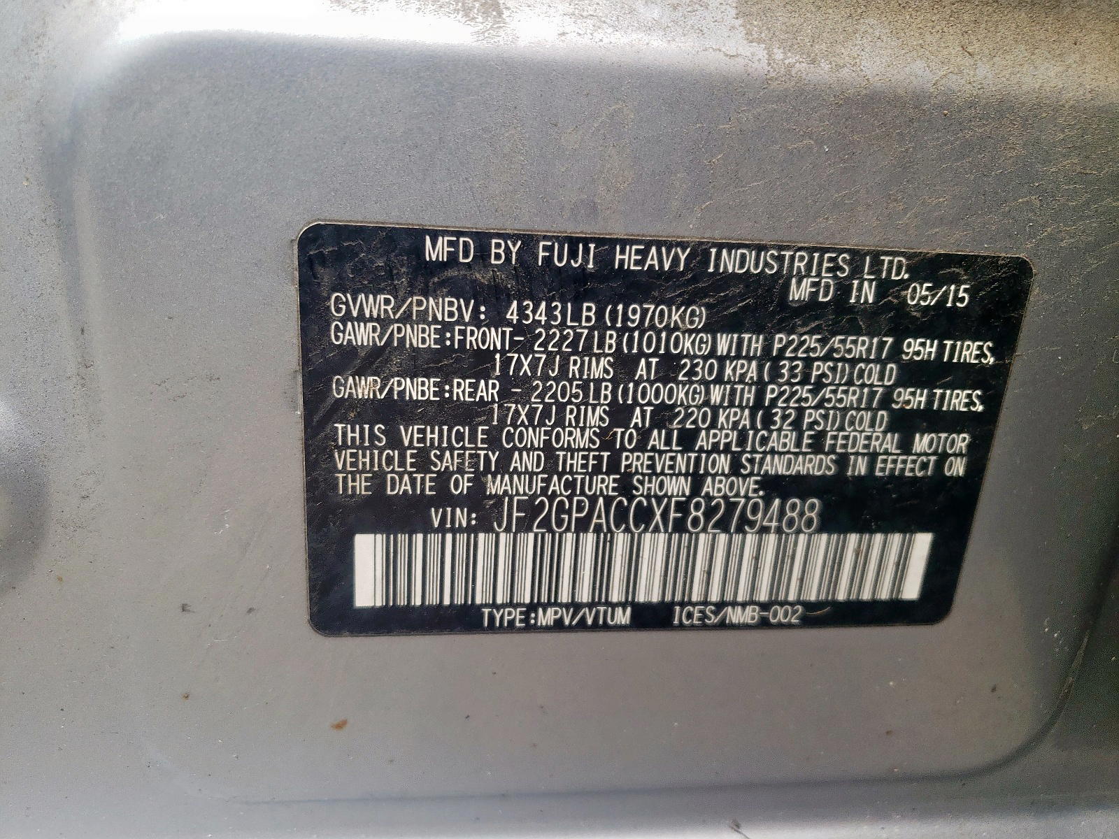Photo 10 from auction – 2015 SUBARU XV CROSSTR with VIN JF2GPACCXF8279488