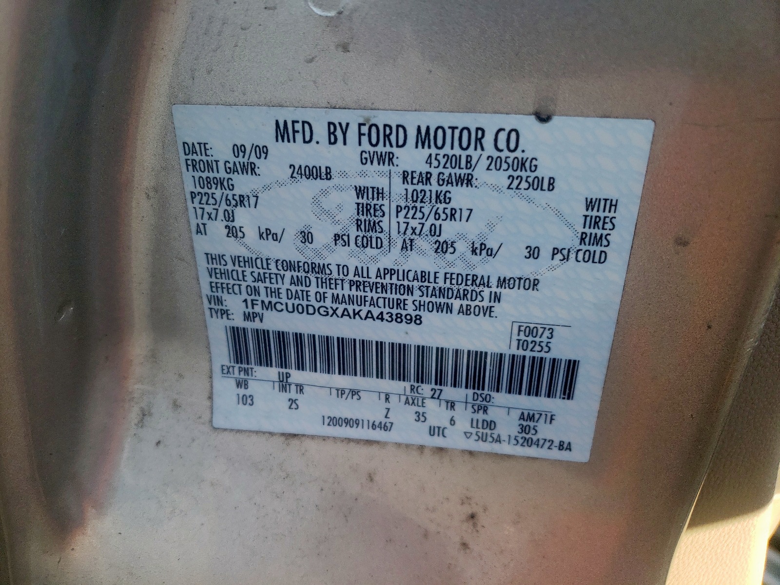 Photo 10 from auction – 2010 FORD ESCAPE XLT with VIN 1FMCU0DGXAKA43898