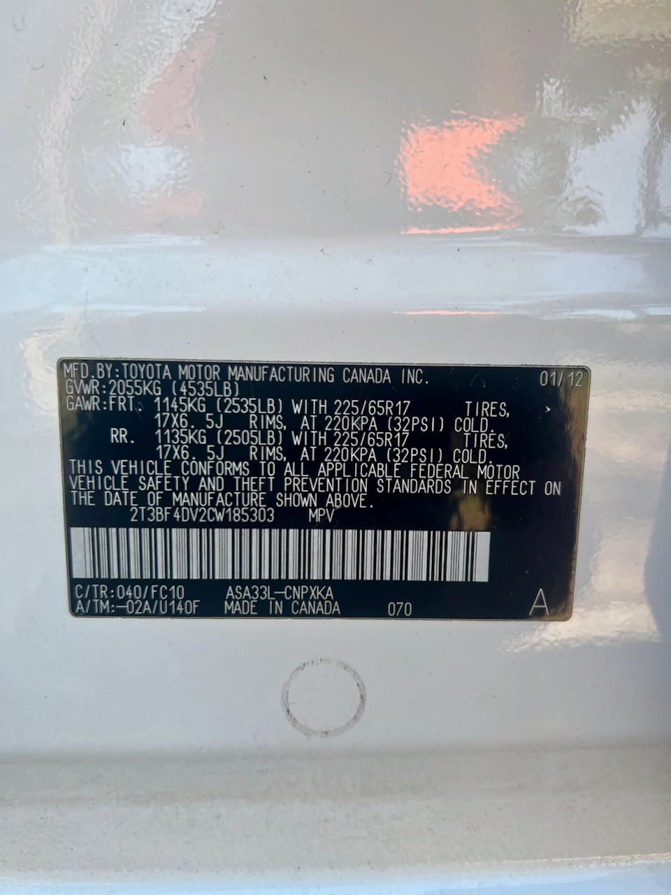 Photo 10 from auction – 2012 TOYOTA RAV4 with VIN 2T3BF4DV2CW185303