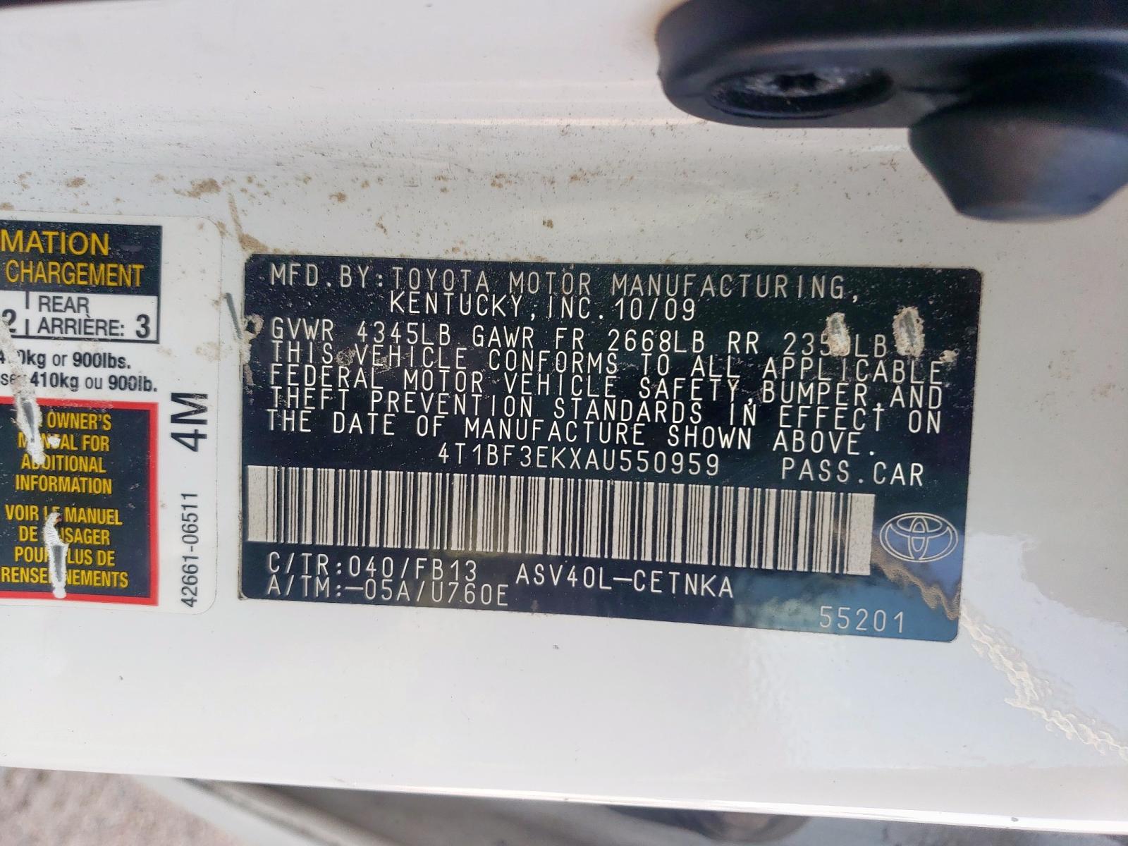 Photo 10 from auction – 2010 TOYOTA CAMRY BASE with VIN 4T1BF3EKXAU550959