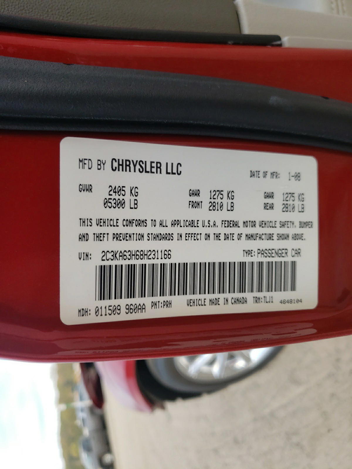 Photo 10 from auction – 2008 CHRYSLER 300C with VIN 2C3KA63H68H231166