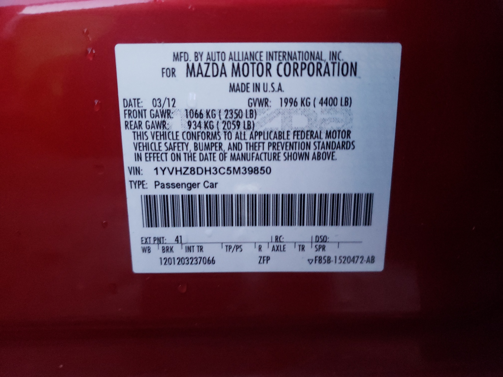 Photo 10 from auction – 2012 MAZDA 6 I with VIN 1YVHZ8DH3C5M39850