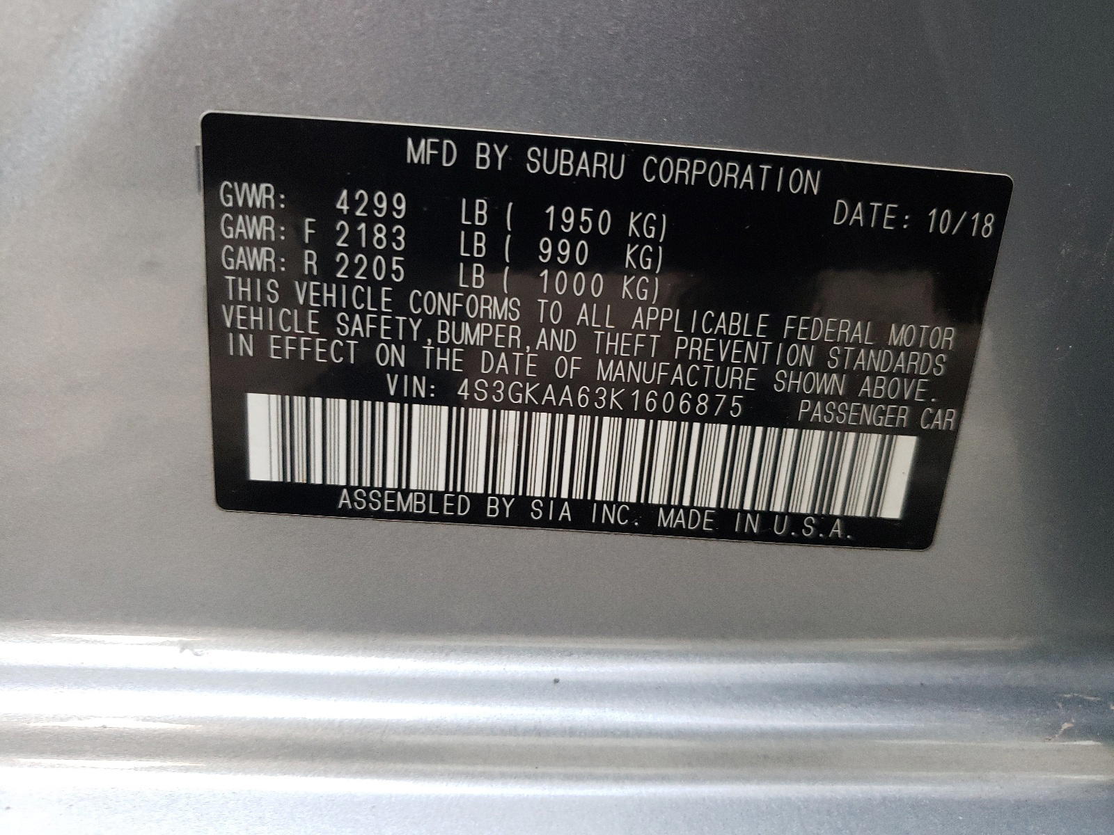 Photo 10 from auction – 2019 SUBARU IMPREZA with VIN 4S3GKAA63K1606875