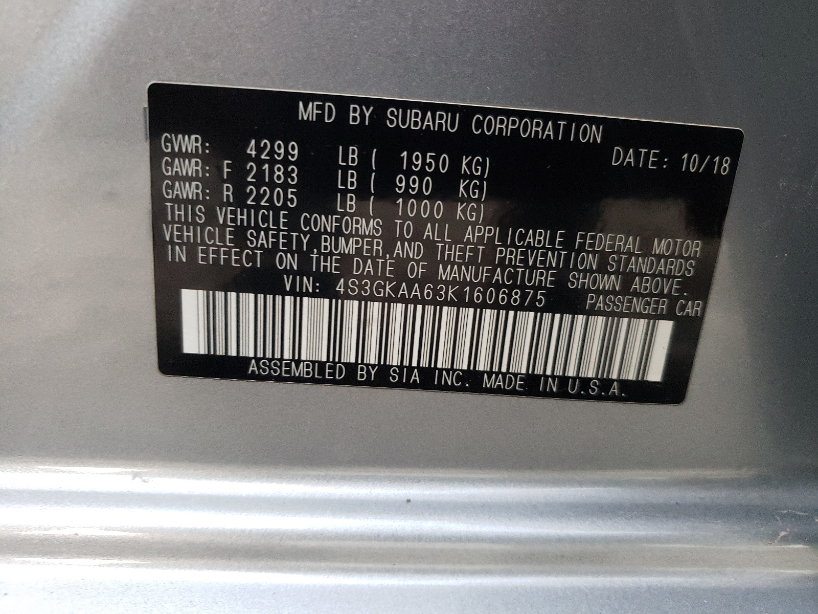 Zdjęcie 10 z aukcji – 2019 SUBARU IMPREZA z VIN 4S3GKAA63K1606875