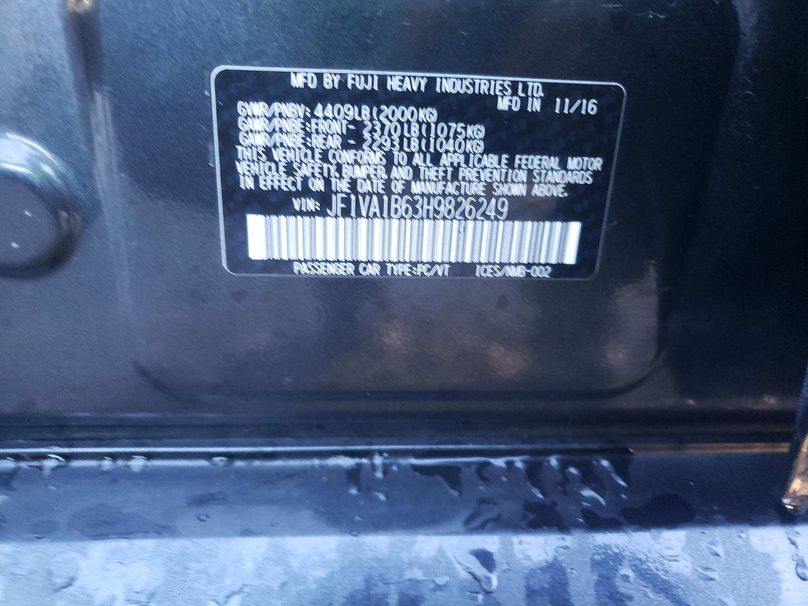 Photo 10 from auction – 2017 SUBARU WRX with VIN JF1VA1B63H9826249