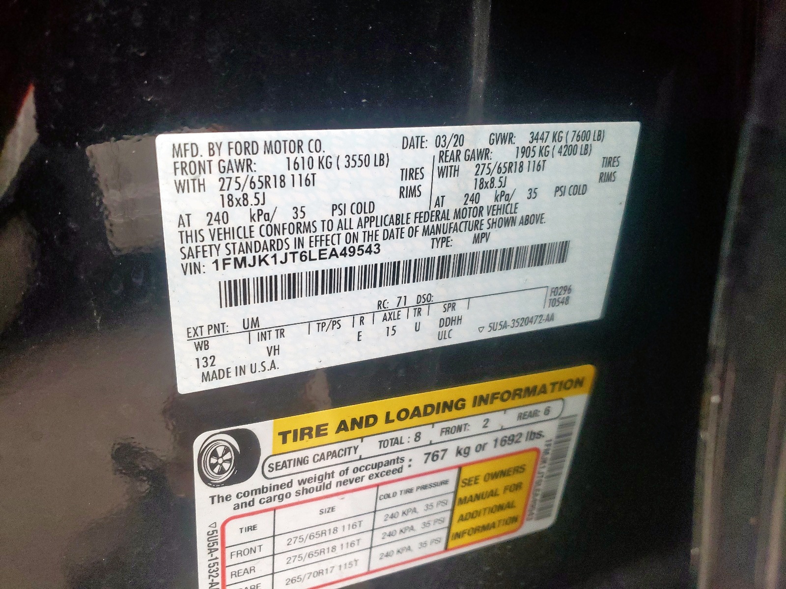 Photo 10 from auction – 2020 FORD EXPEDITION with VIN 1FMJK1JT6LEA49543