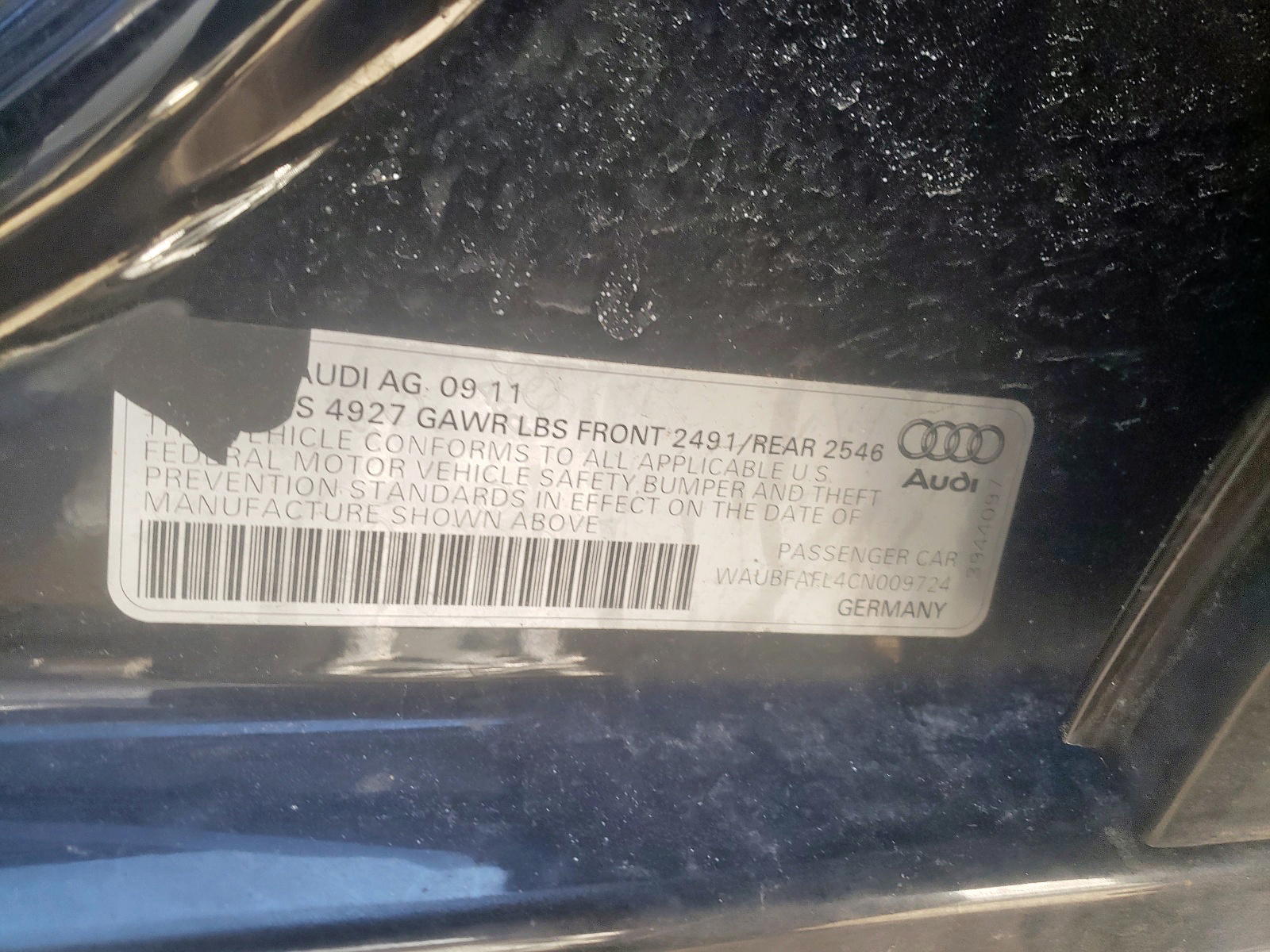 Photo 10 from auction – 2012 AUDI A4 PREMIUM with VIN WAUBFAFL4CN009724