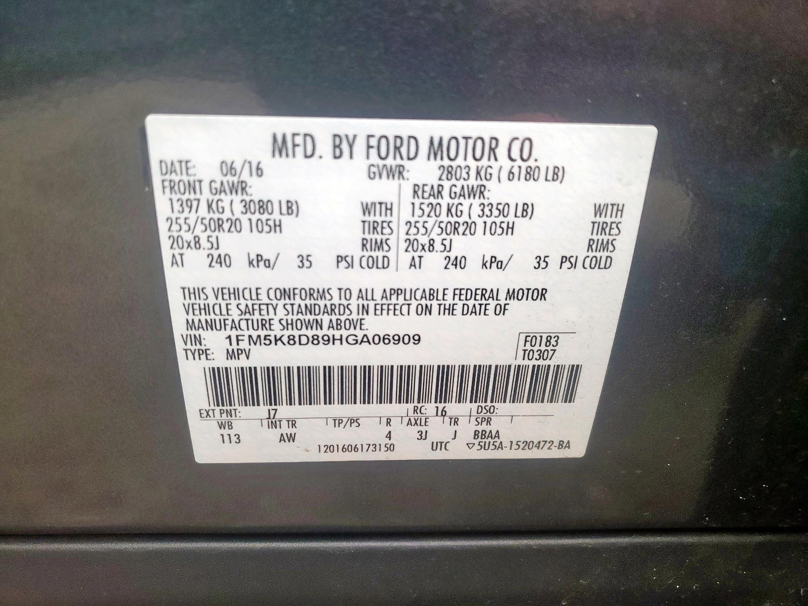 Photo 10 from auction – 2017 FORD EXPLORER X with VIN 1FM5K8D89HGA06909