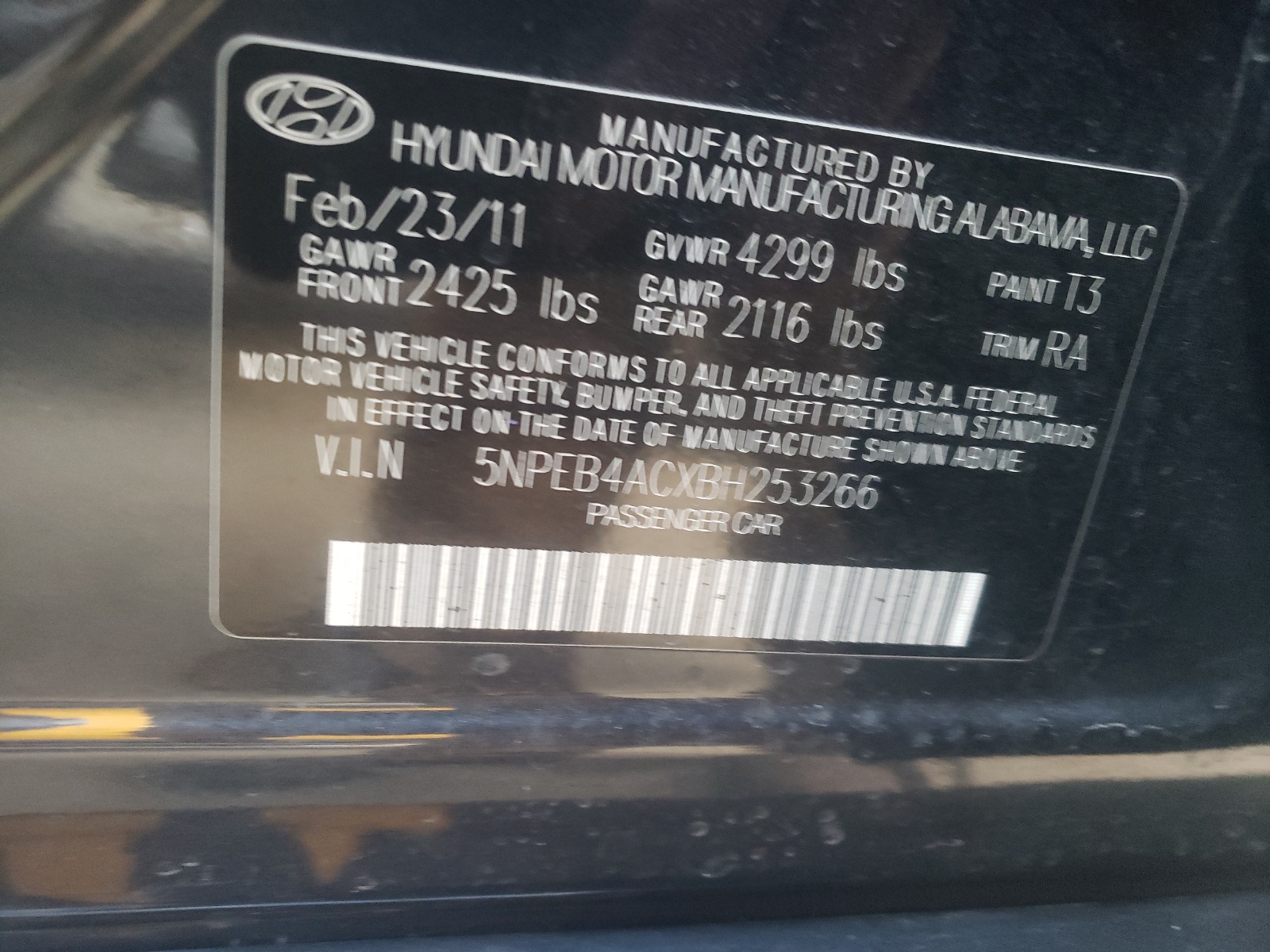 Photo 10 from auction – 2011 HYUNDAI SONATA GLS with VIN 5NPEB4ACXBH253266