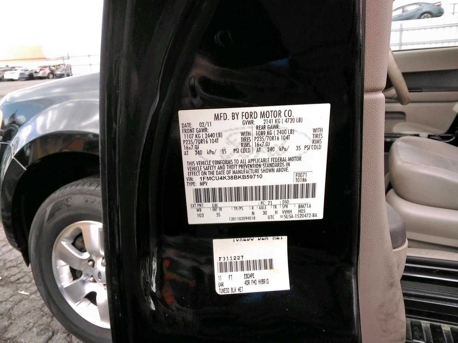 Photo 10 from auction – 2011 FORD ESCAPE HYB with VIN 1FMCU4K38BKB59710