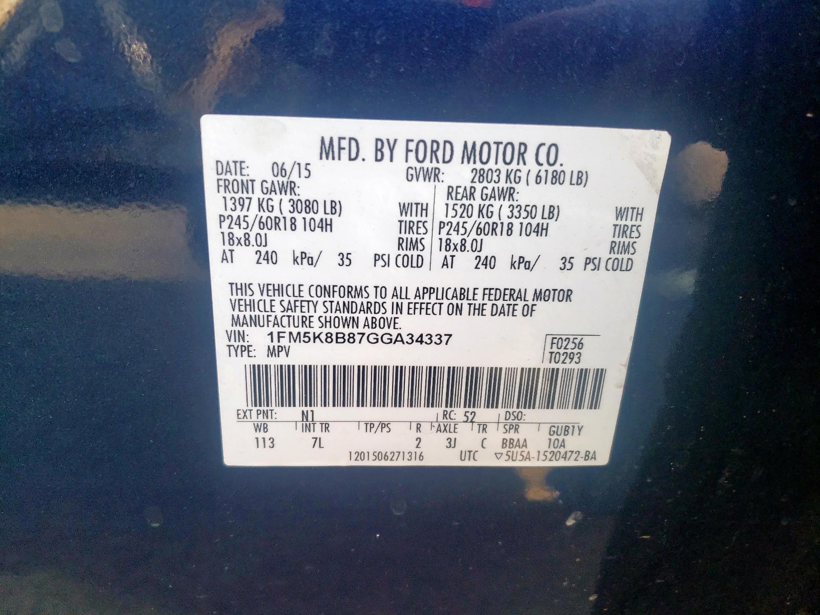 Photo 10 from auction – 2016 FORD EXPLORER with VIN 1FM5K8B87GGA34337