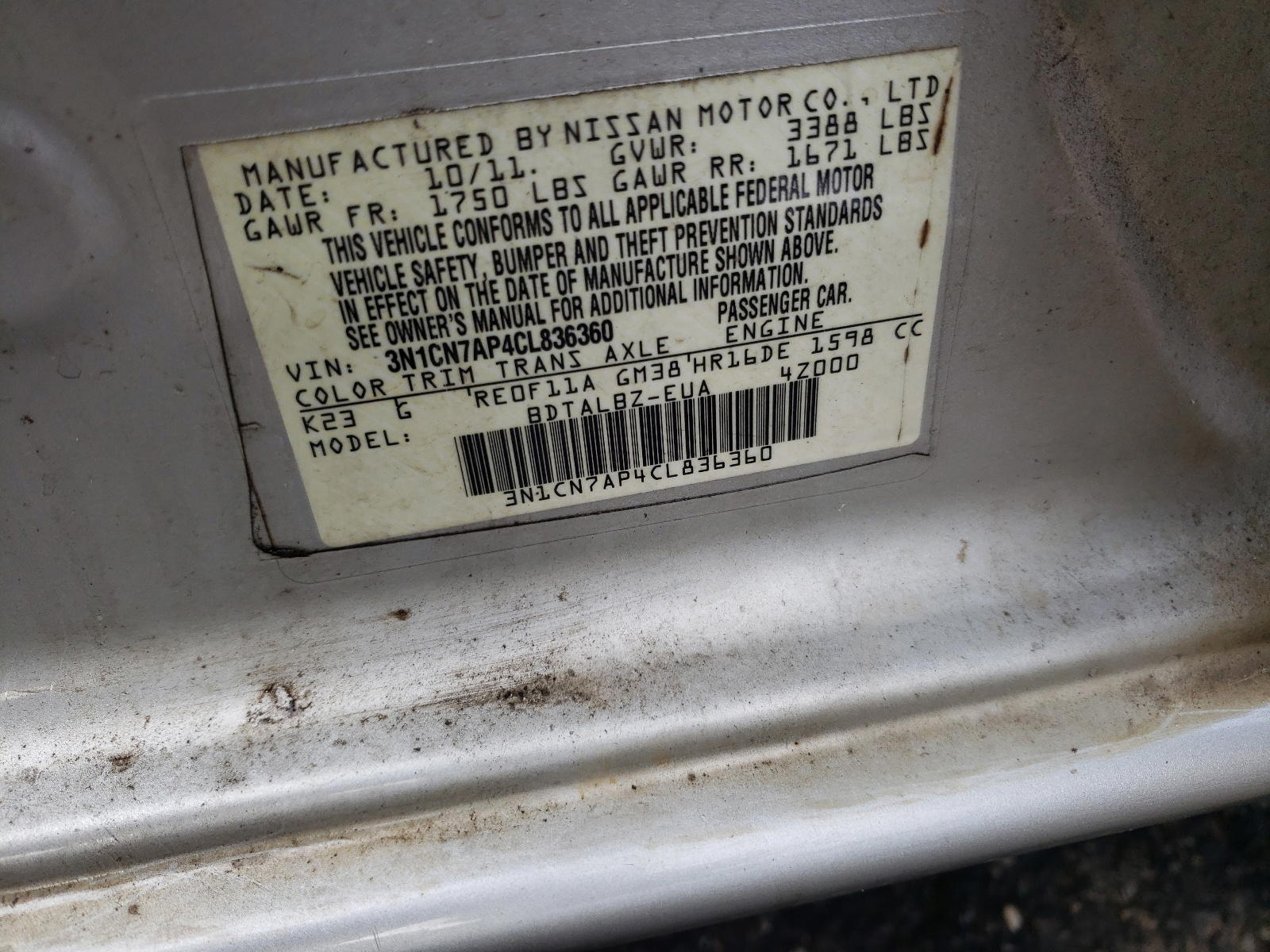 Photo 10 from auction – 2012 NISSAN VERSA S with VIN 3N1CN7AP4CL836360