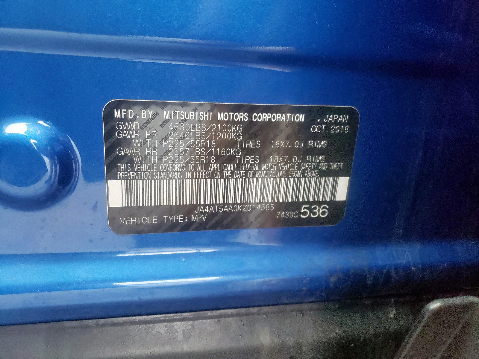 Photo 10 from auction – 2019 MITSUBISHI ECLIPSE CR with VIN JA4AT5AA0KZ014585