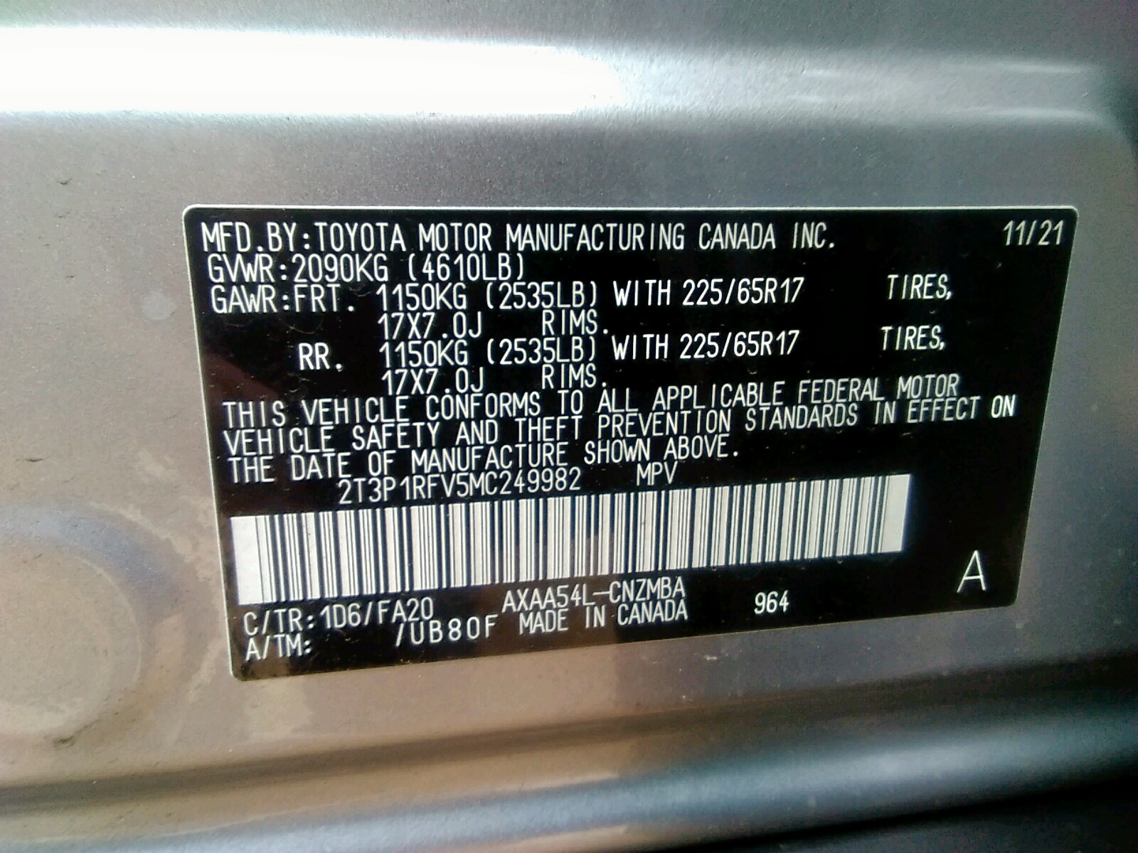 Photo 10 from auction – 2021 TOYOTA RAV4 XLE with VIN 2T3P1RFV5MC249982