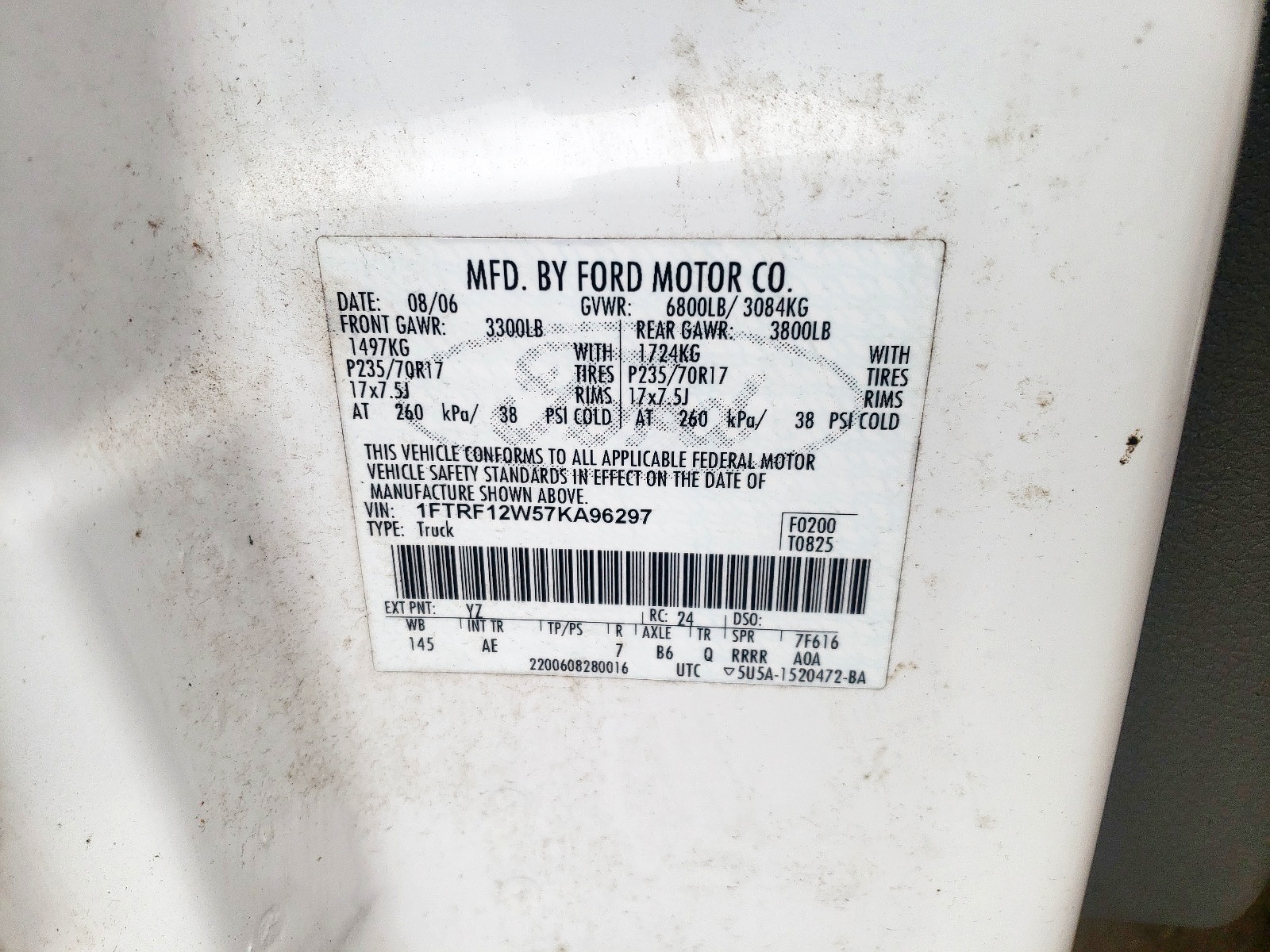 Photo 10 from auction – 2007 FORD F150 with VIN 1FTRF12W57KA96297