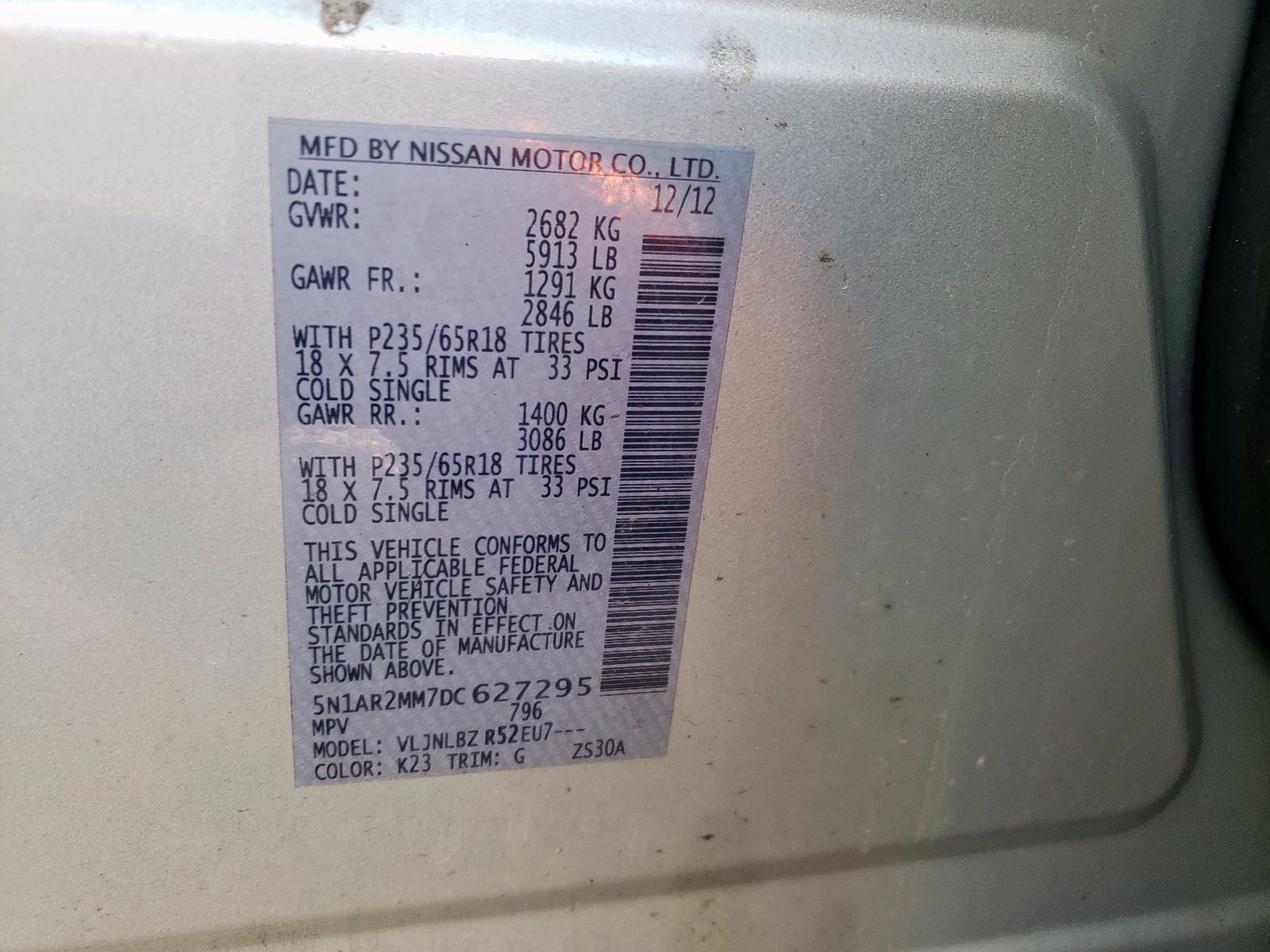 Photo 10 from auction – 2013 NISSAN PATHFINDER with VIN 5N1AR2MM7DC627295