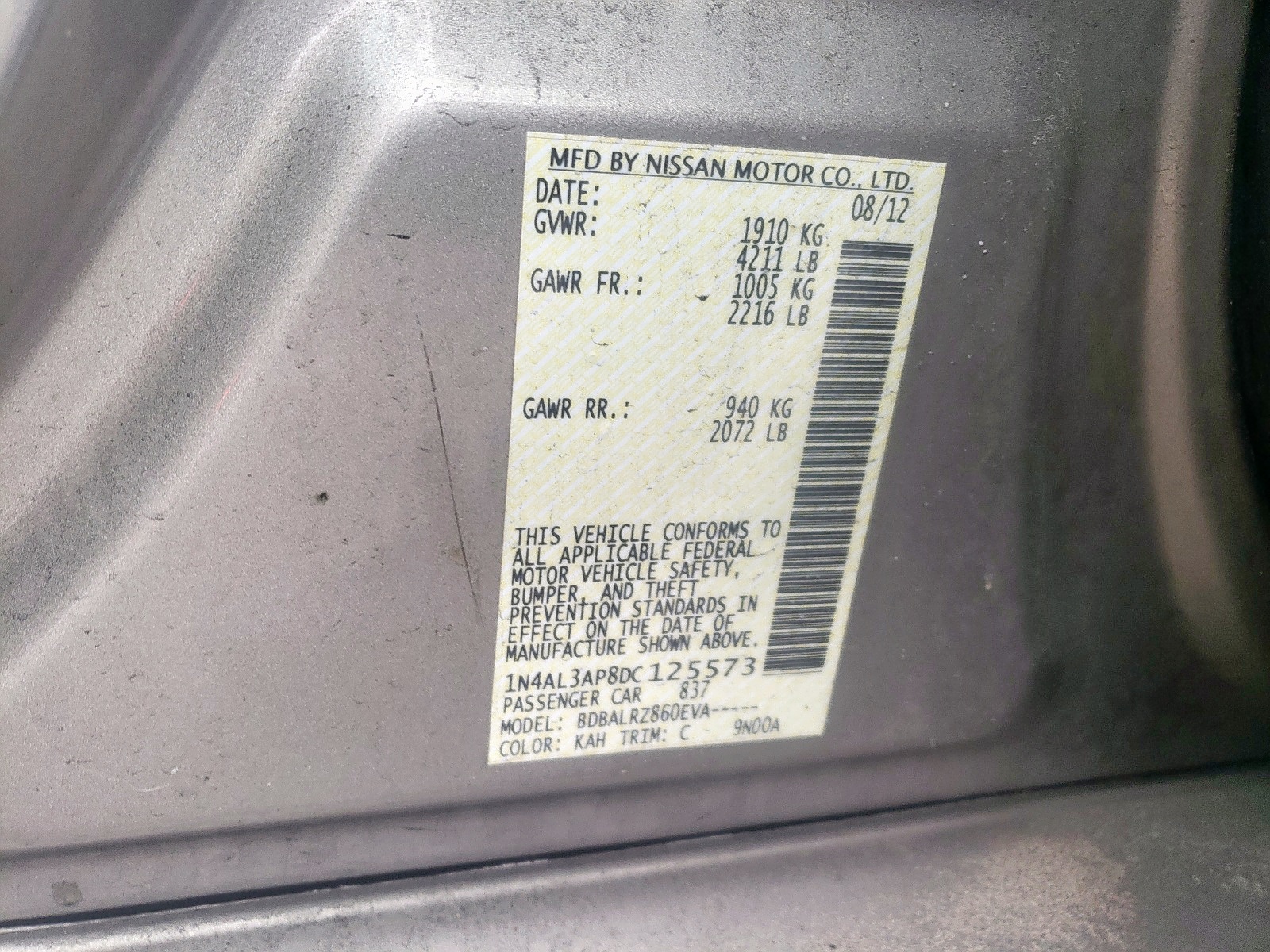 Photo 10 from auction – 2013 NISSAN ALTIMA 2.5 with VIN 1N4AL3AP8DC125573