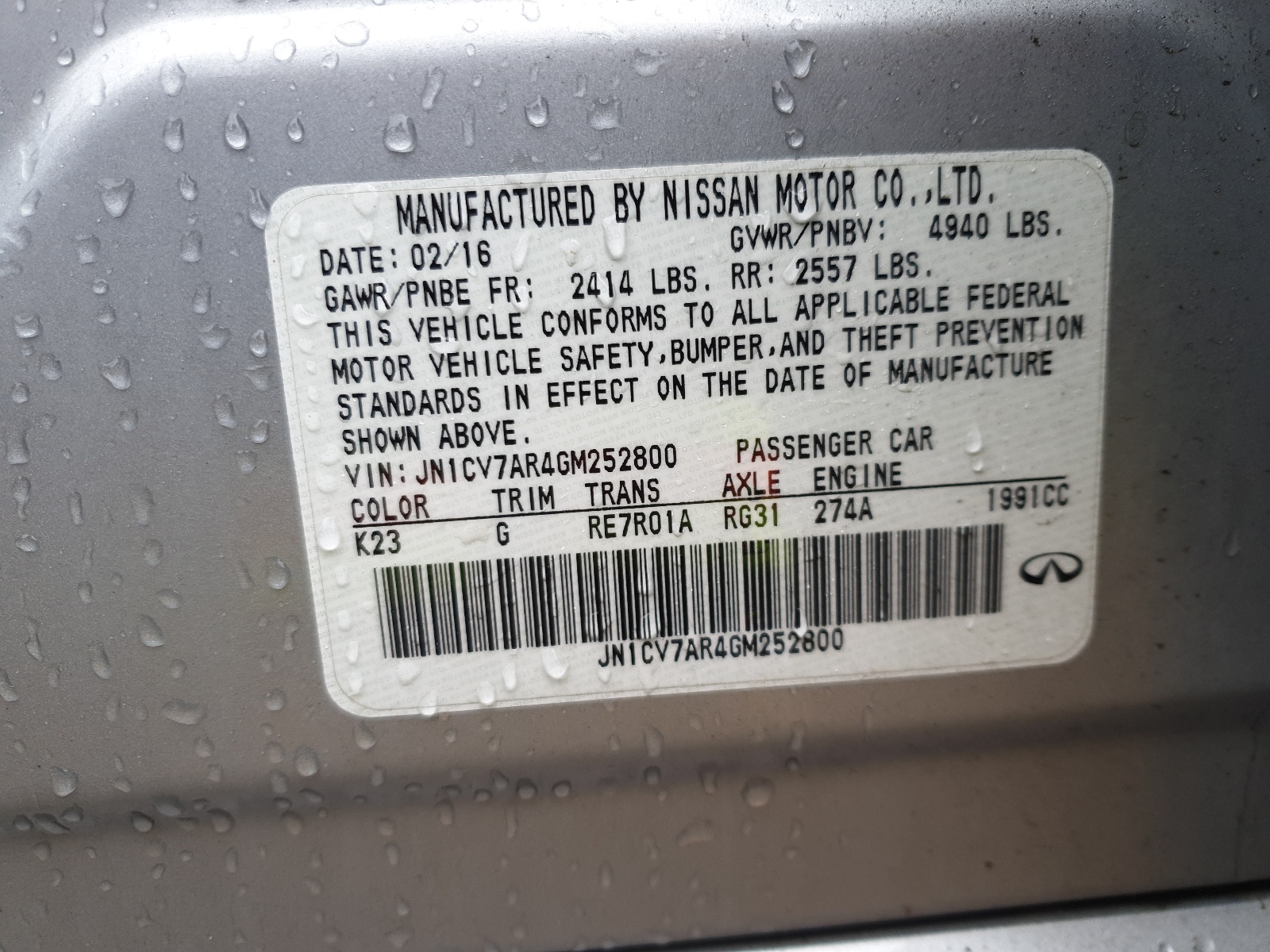Photo 10 from auction – 2016 INFINITI Q50 BASE with VIN JN1CV7AR4GM252800