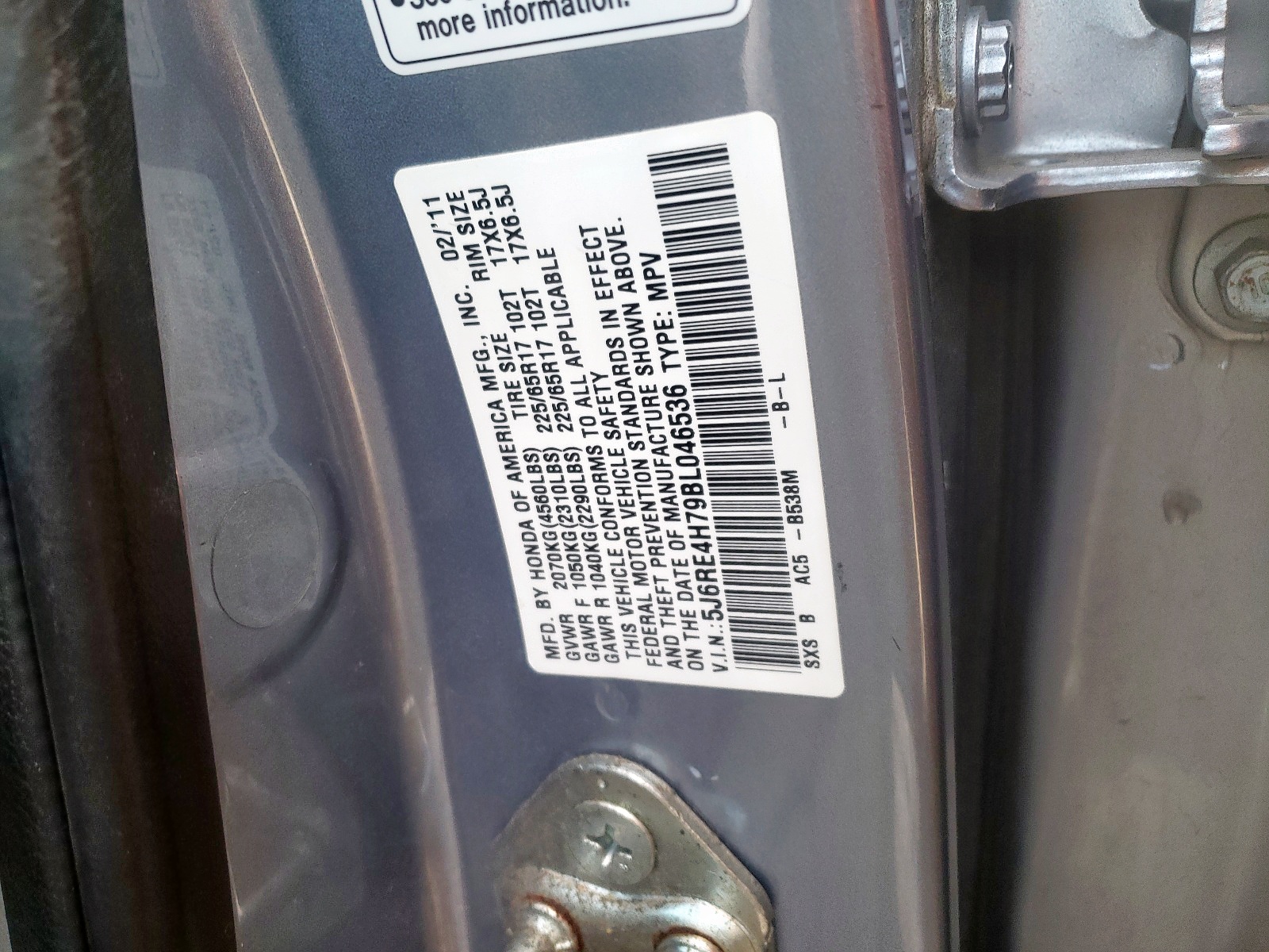 Photo 10 from auction – 2011 HONDA CR-V EXL with VIN 5J6RE4H79BL046536