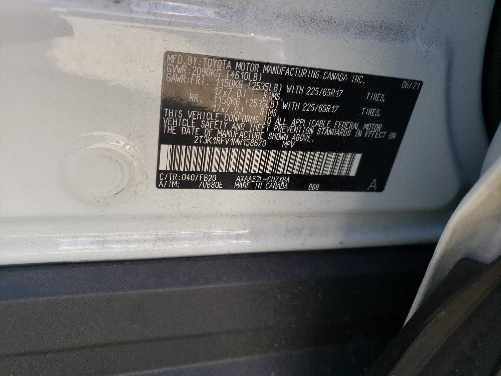 Photo 10 from auction – 2021 TOYOTA RAV4 LE with VIN 2T3K1RFV1MW158670