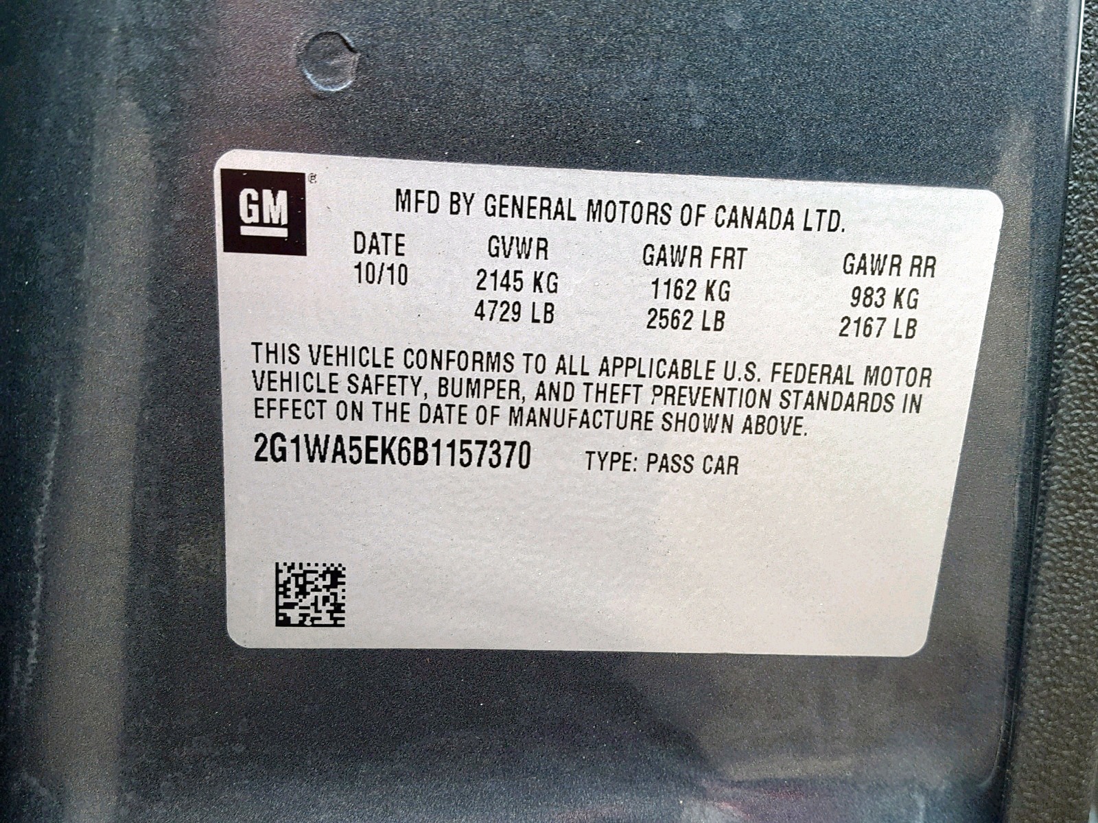 Photo 10 from auction – 2011 CHEVROLET IMPALA LS with VIN 2G1WA5EK6B1157370