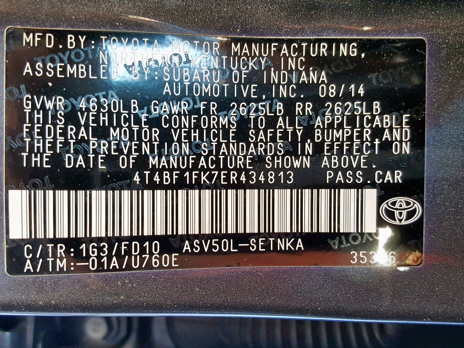 Photo 10 from auction – 2014 TOYOTA CAMRY L with VIN 4T4BF1FK7ER434813