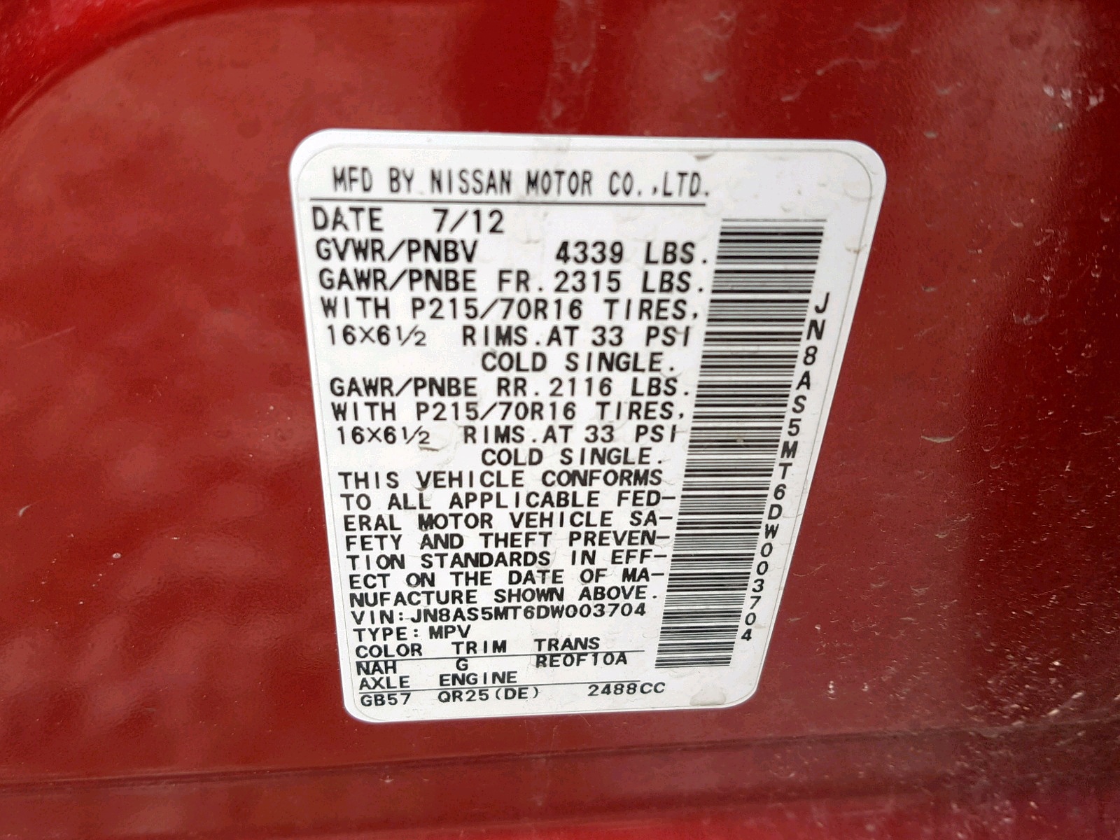 Photo 10 from auction – 2013 NISSAN ROGUE S with VIN JN8AS5MT6DW003704