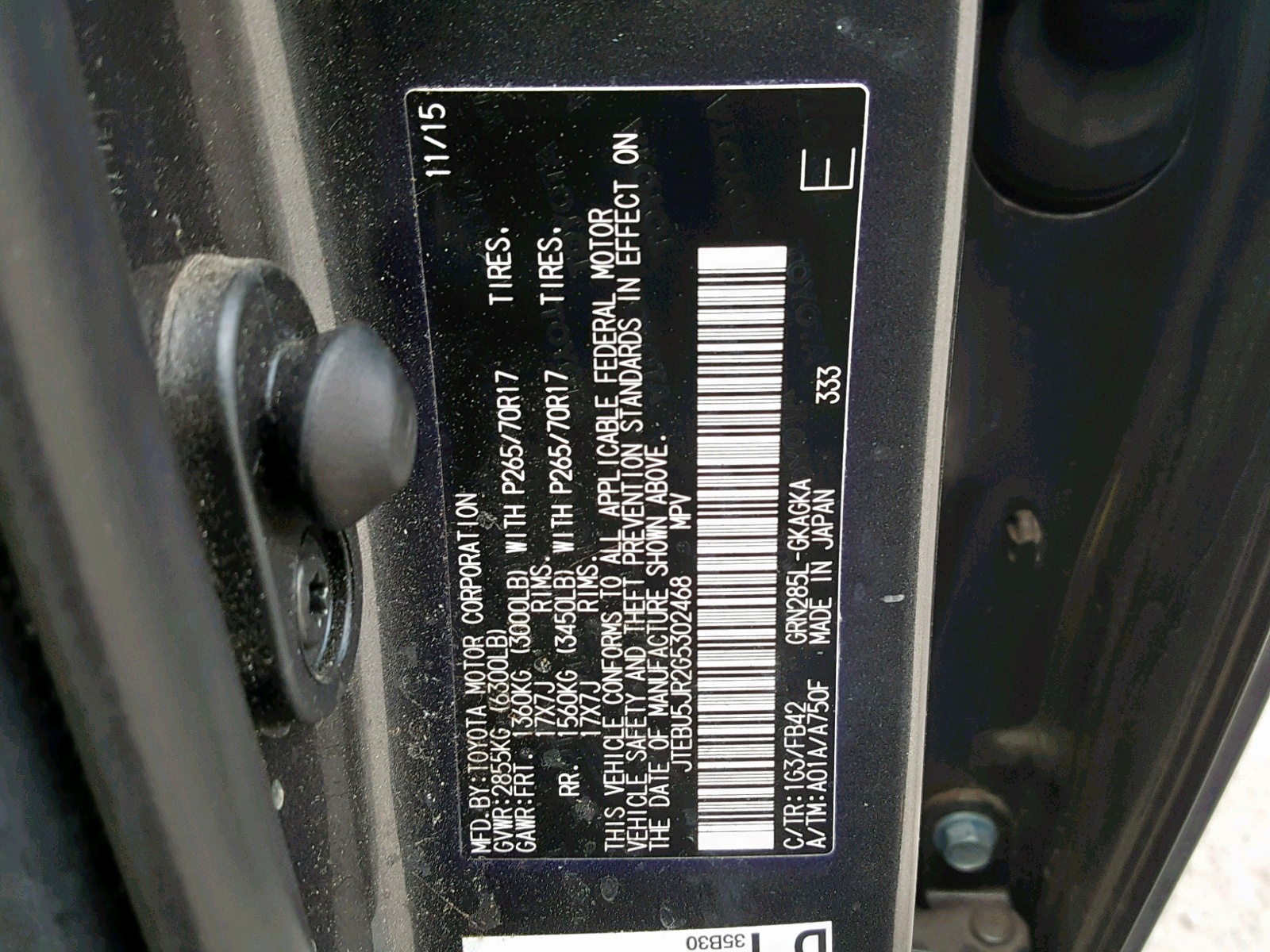 Photo 10 from auction – 2016 TOYOTA 4RUNNER SR with VIN JTEBU5JR2G5302468